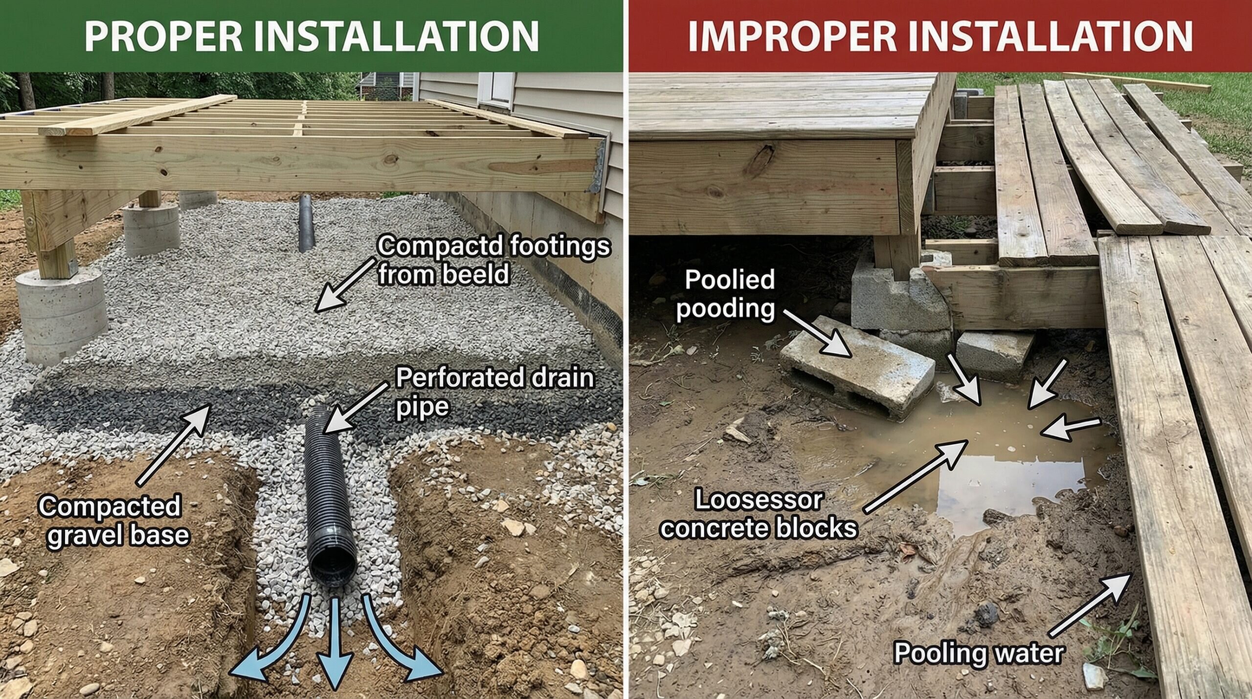 Side-by-side comparison showing proper vs improper deck sub-base installation with visible drainage and compaction differences