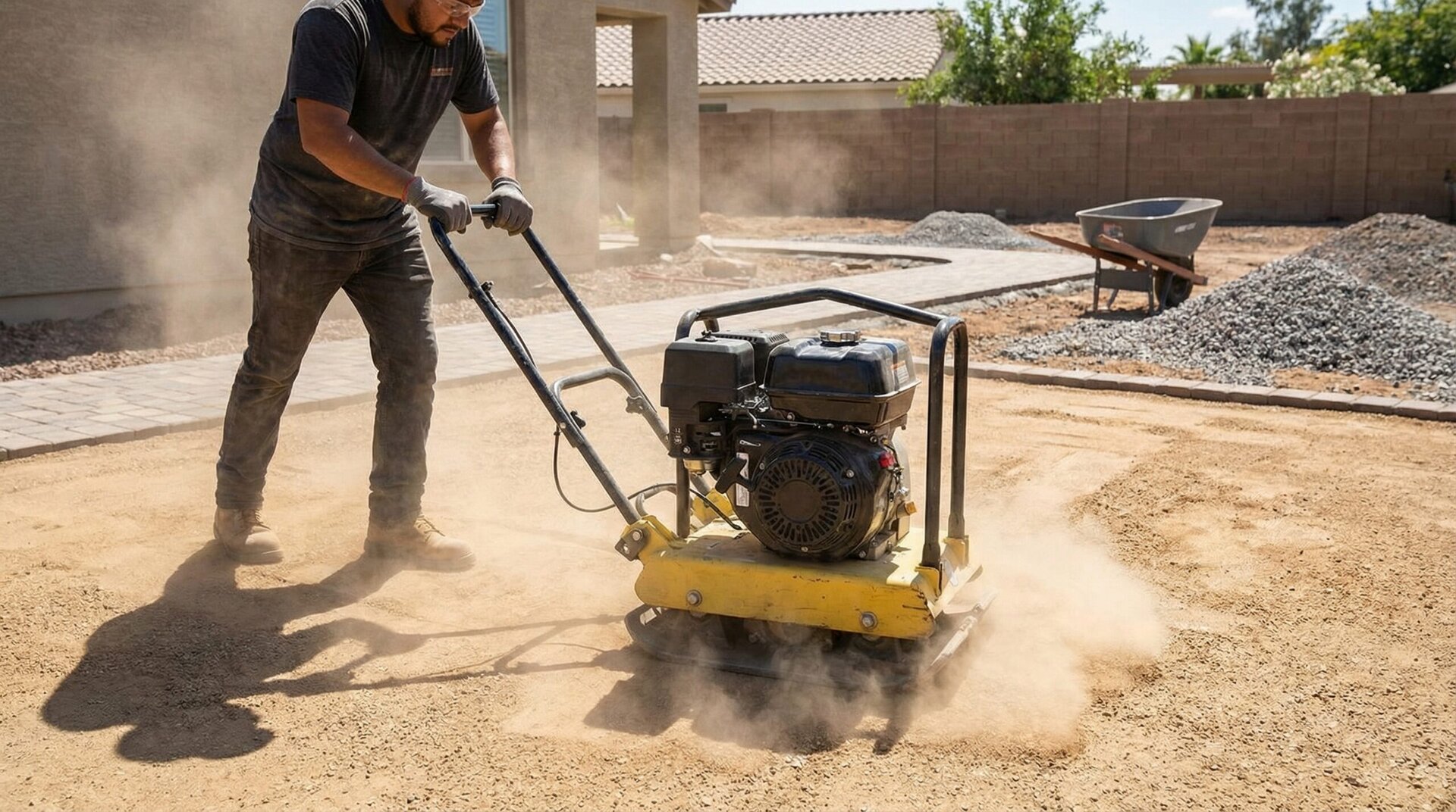 installation process showing plate compactor being used on decomposed granite surface