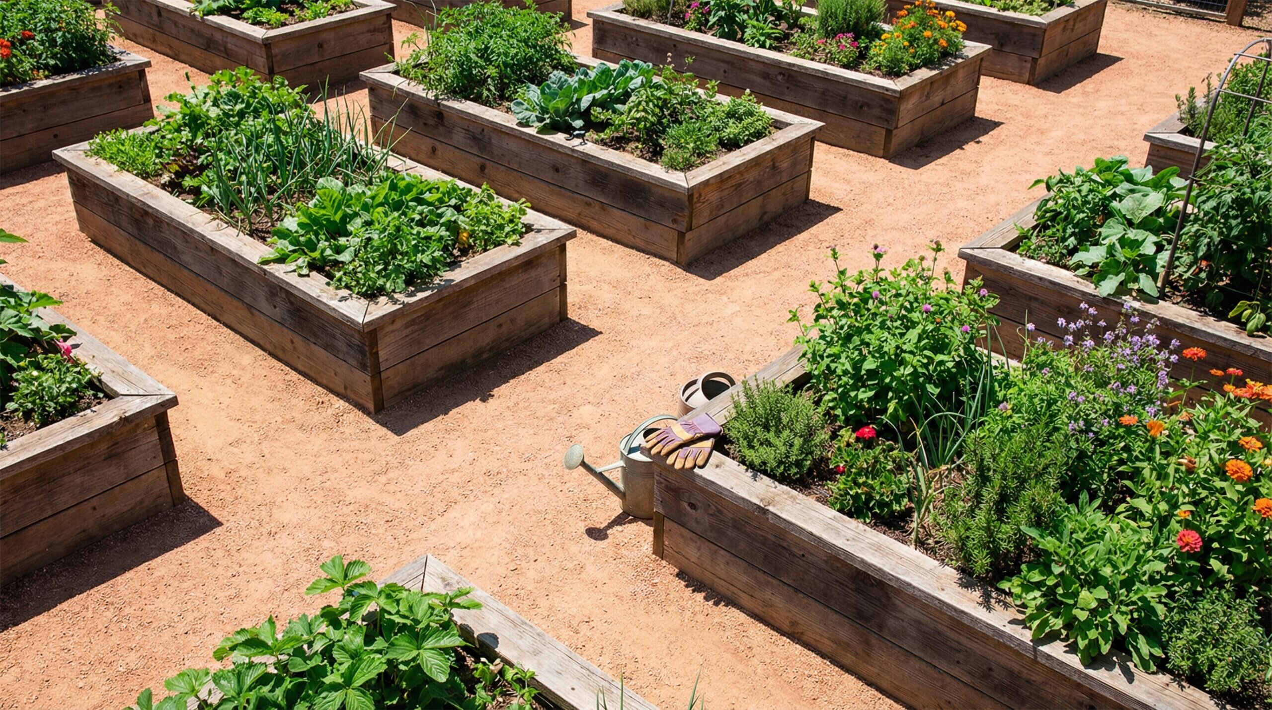 Overview of decomposed granite used in raised garden beds