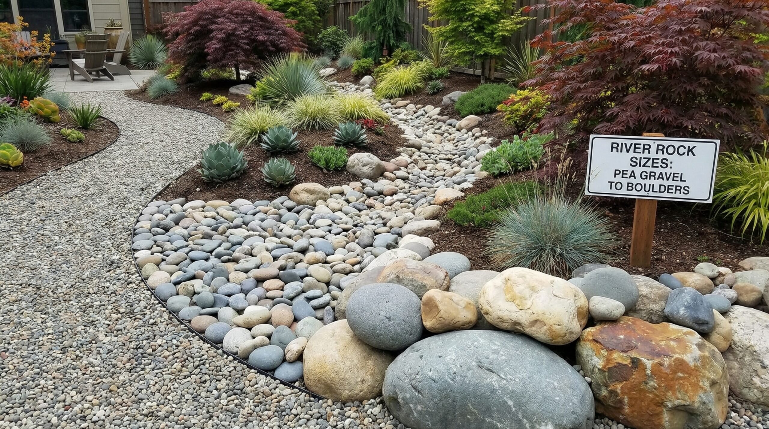 Different sizes of river rocks in garden applications