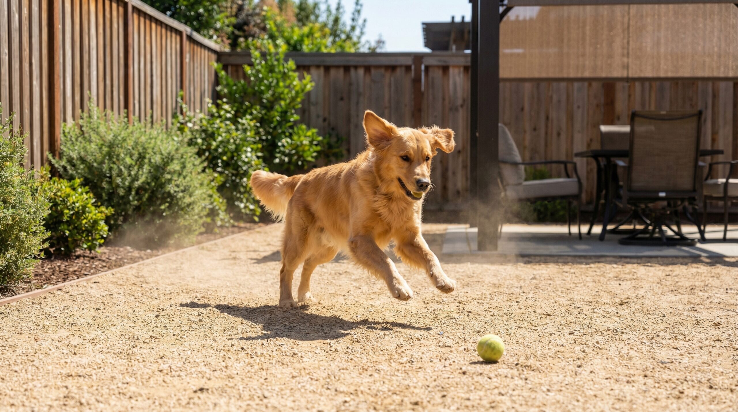 Decomposed granite dog run surface with happy dog playing