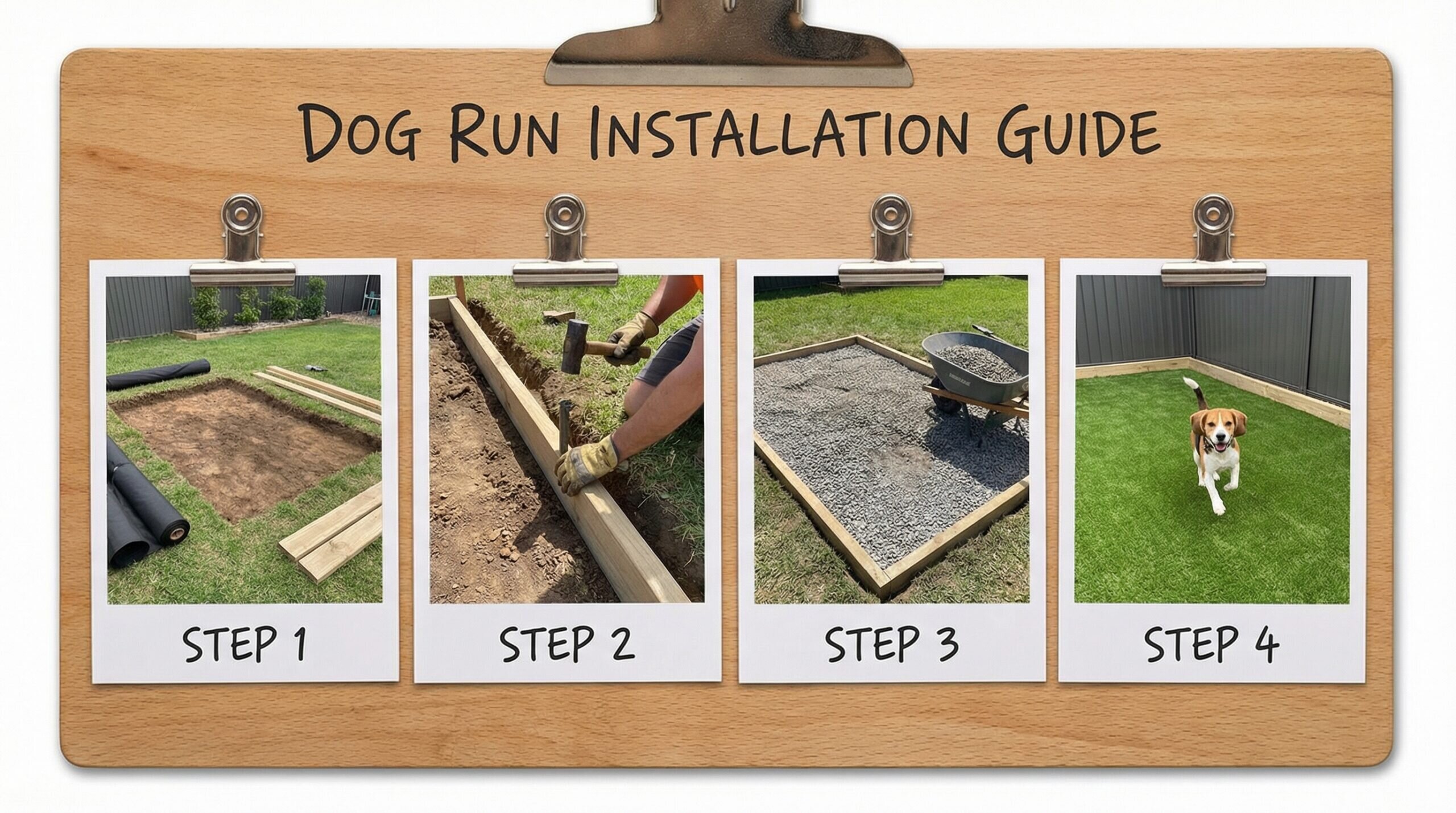Step-by-step dog run installation showing excavation and edging
