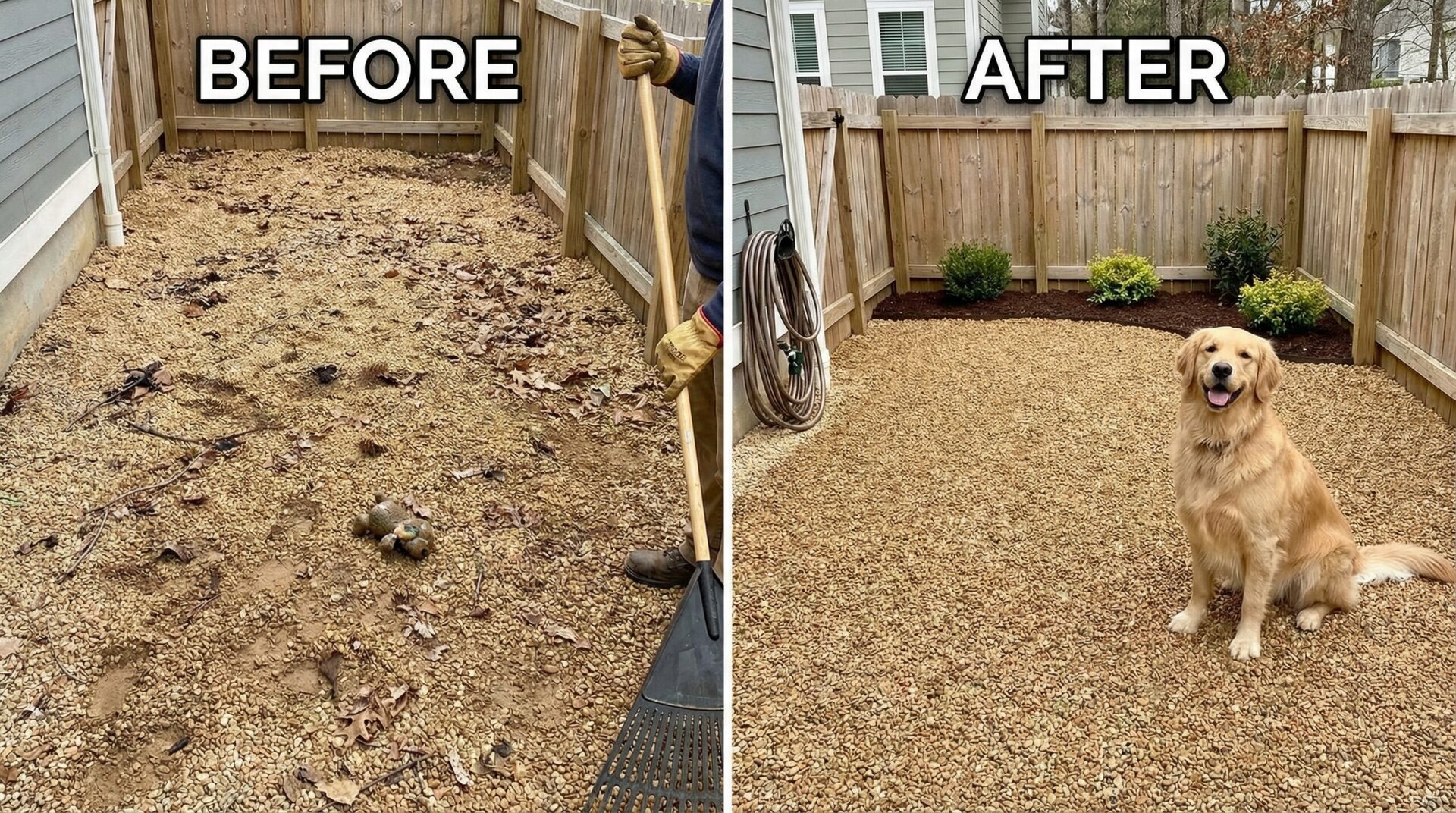 Before and after dog run maintenance showing raked gravel and waste removal