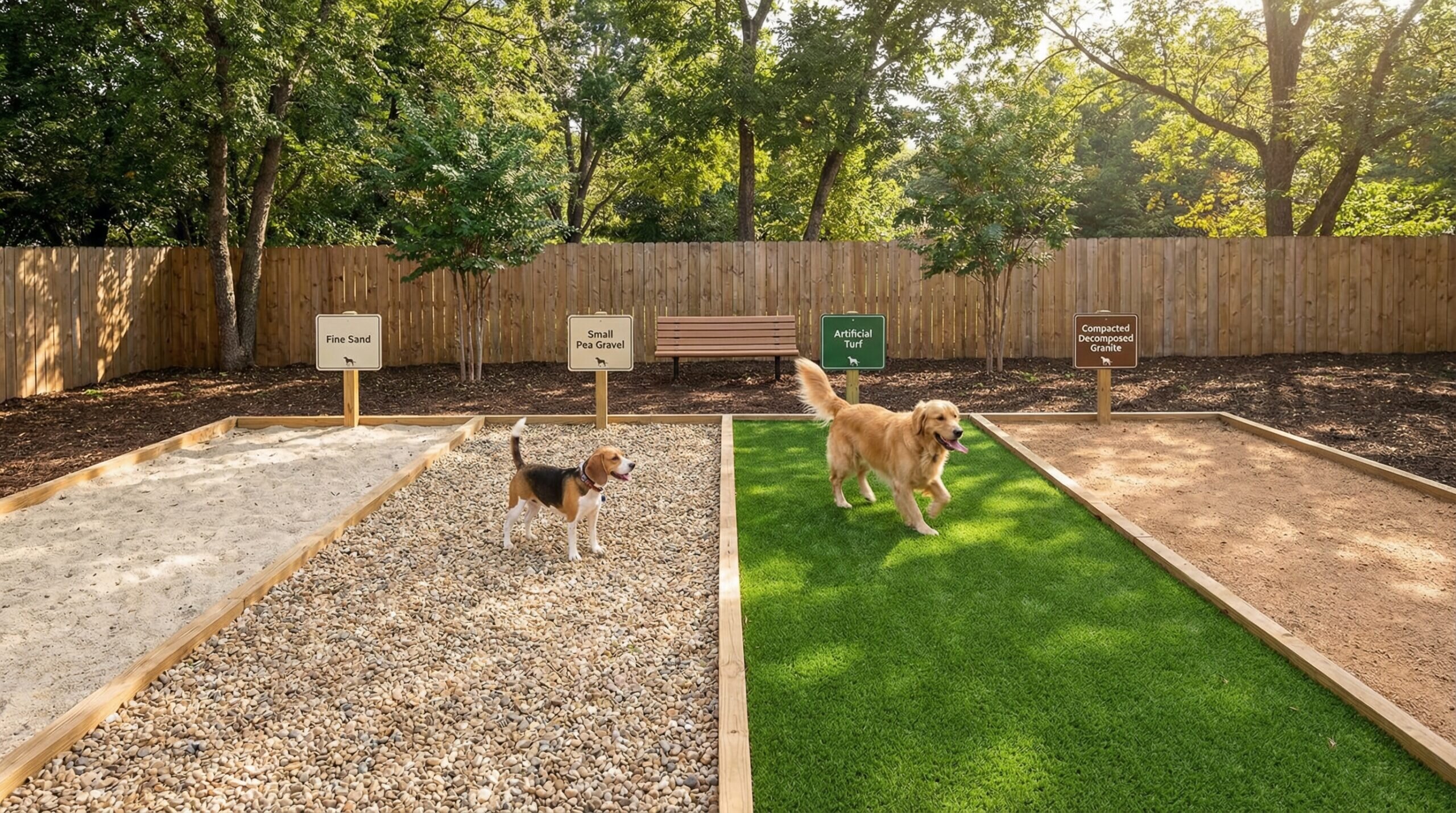 Dog run with different surface materials comparison