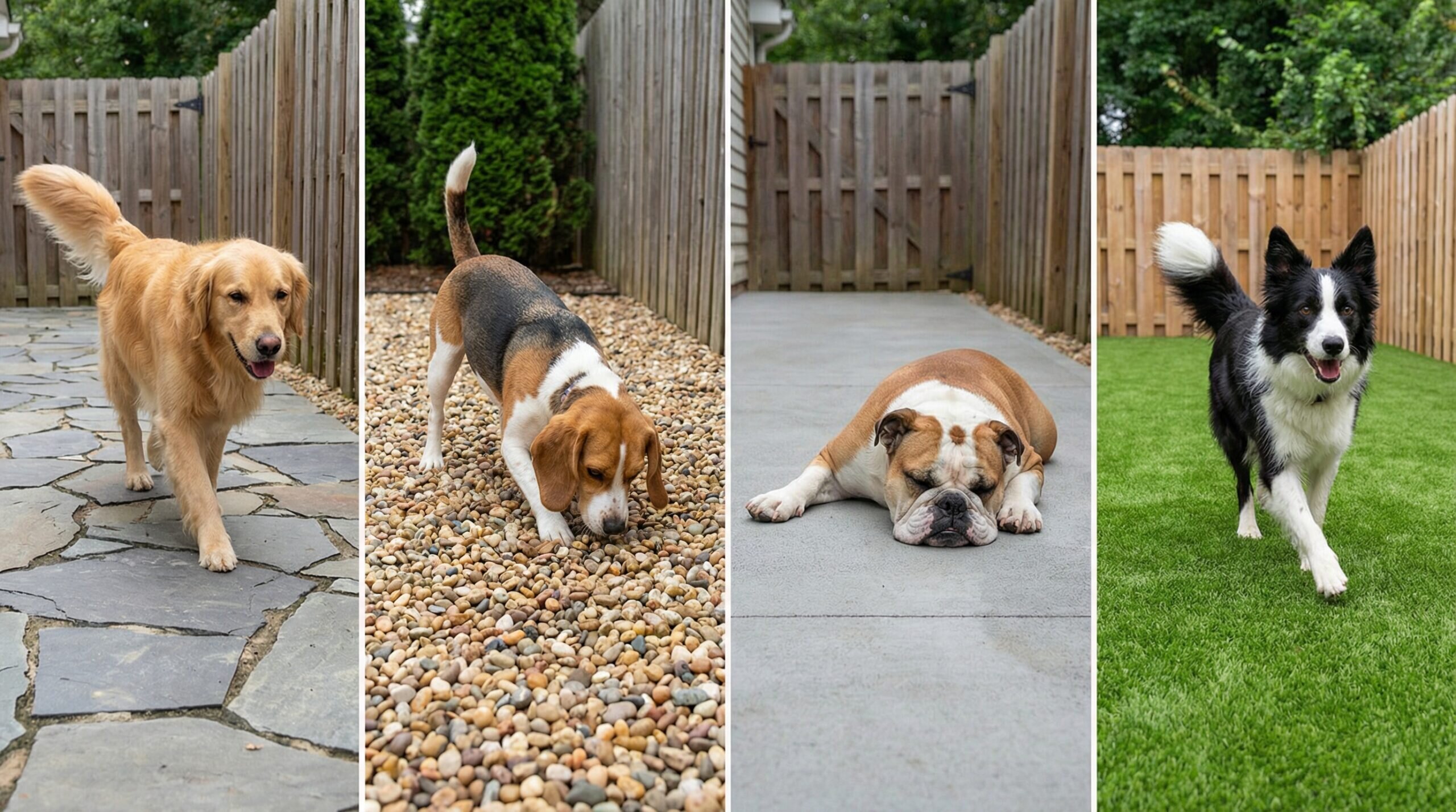 Comparison of different dog run surfaces: slate, pea gravel, concrete, and artificial turf