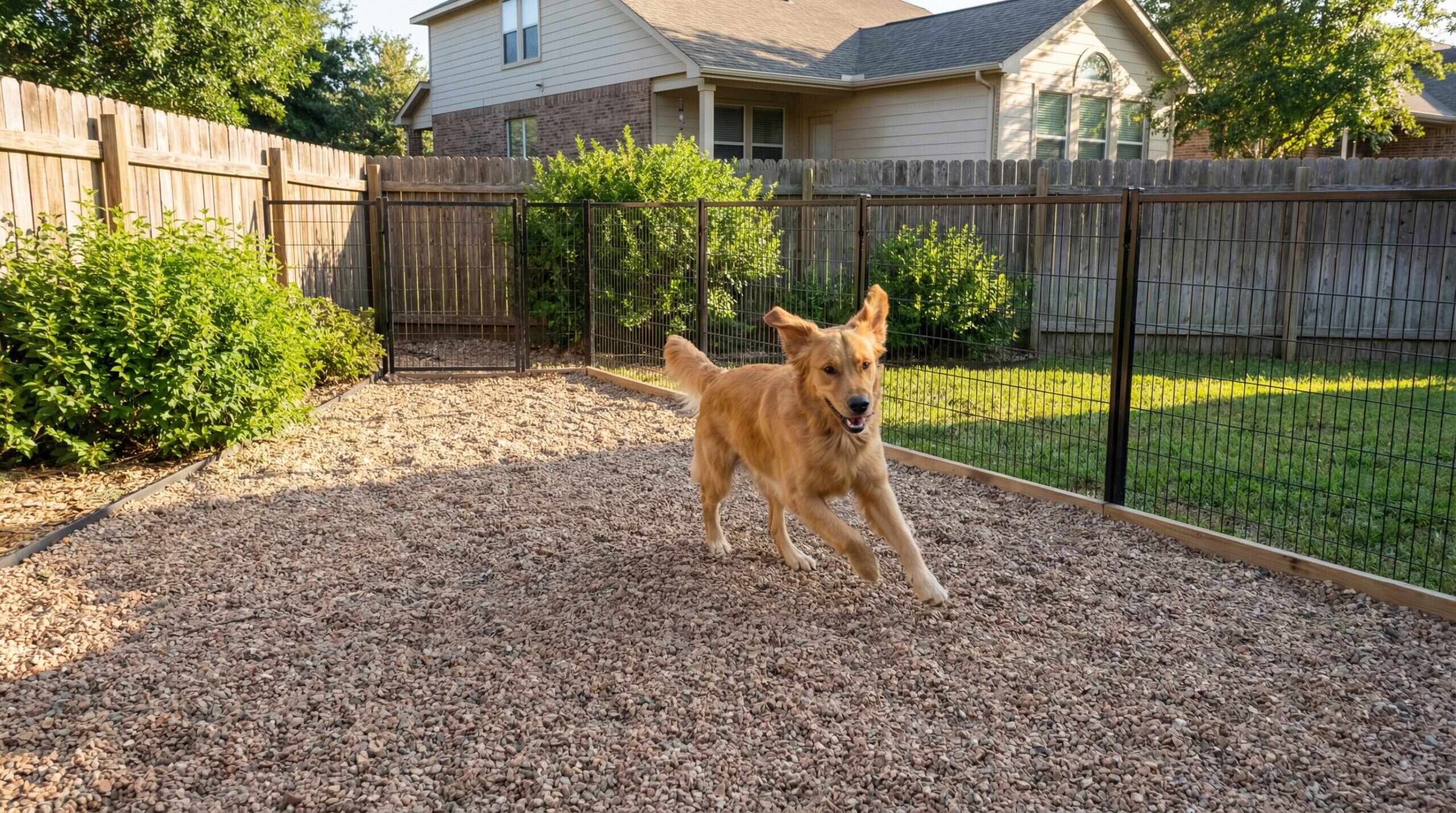 dog running on gravel surface in backyard dog run area