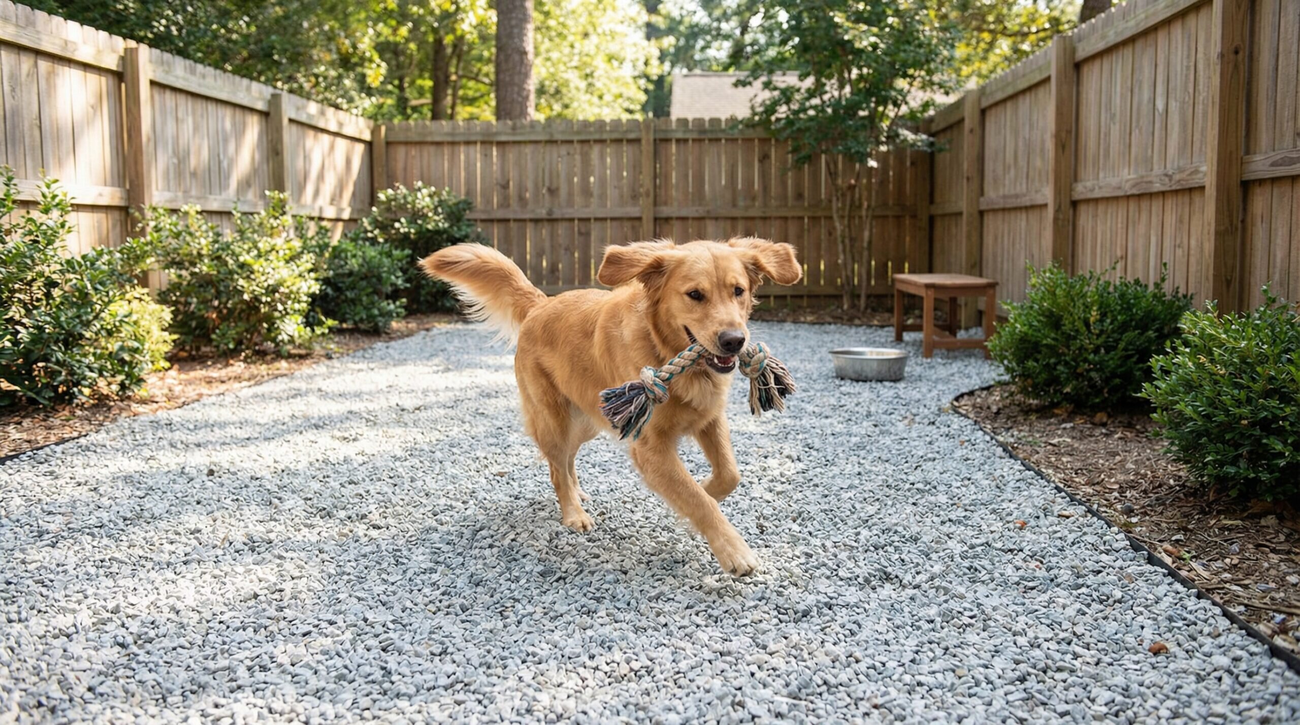Clean dolomite dog run with happy dog playing safely