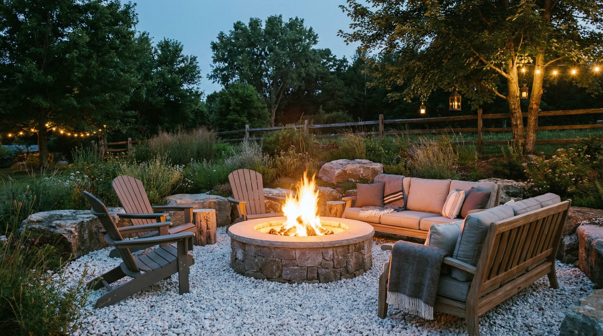 Dolomite gravel around outdoor fire pit with seating area