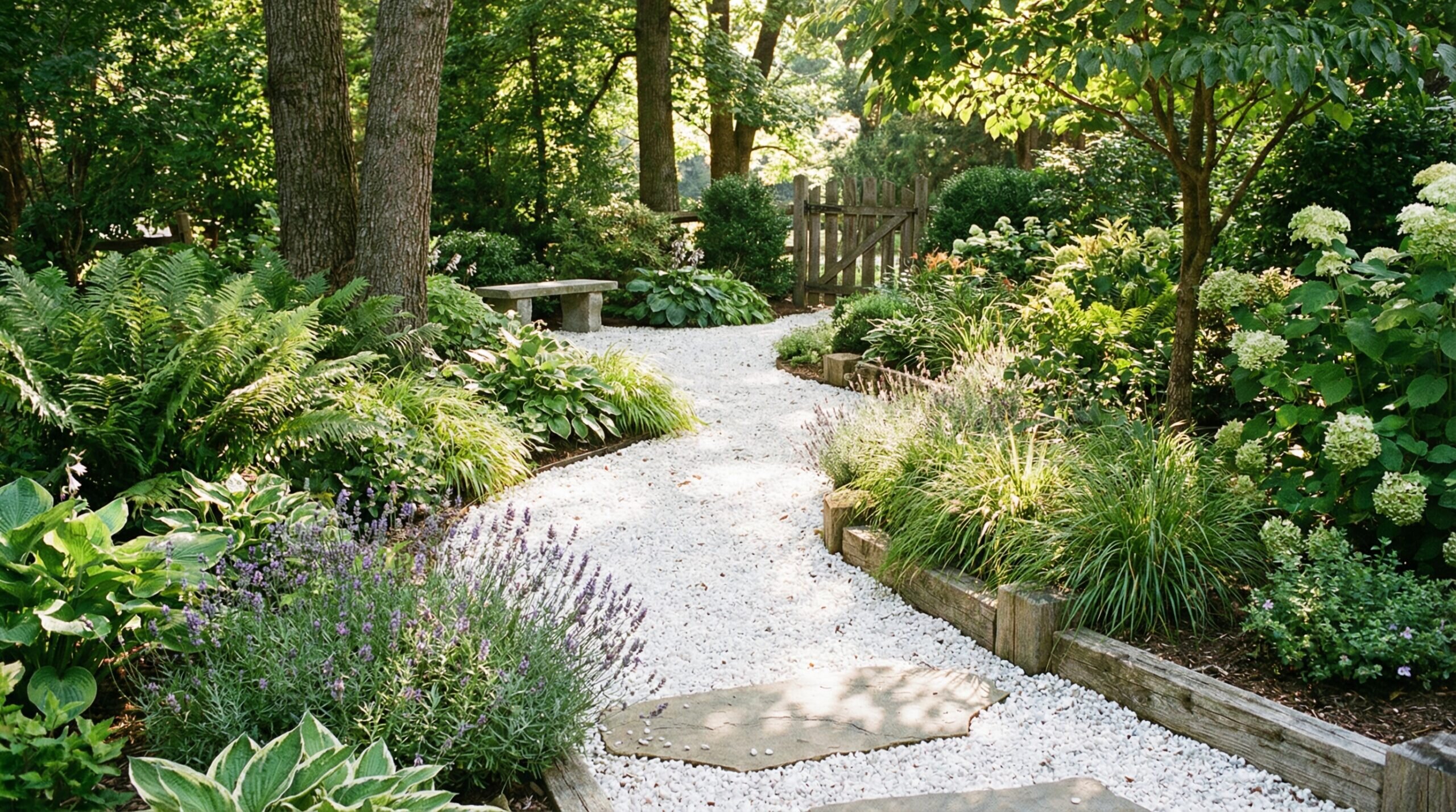 Beautiful finished garden path made of white dolomite gravel
