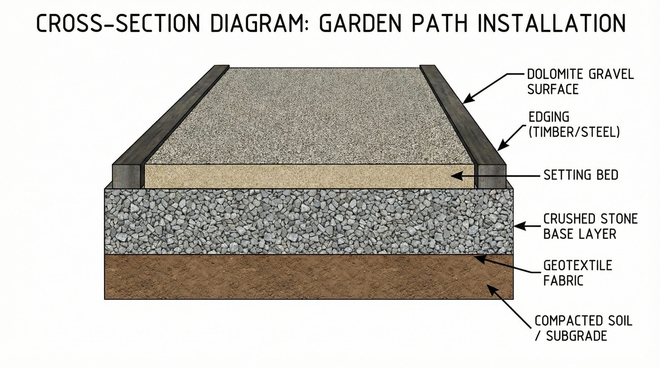 Cross-section diagram showing layers of dolomite gravel path installation