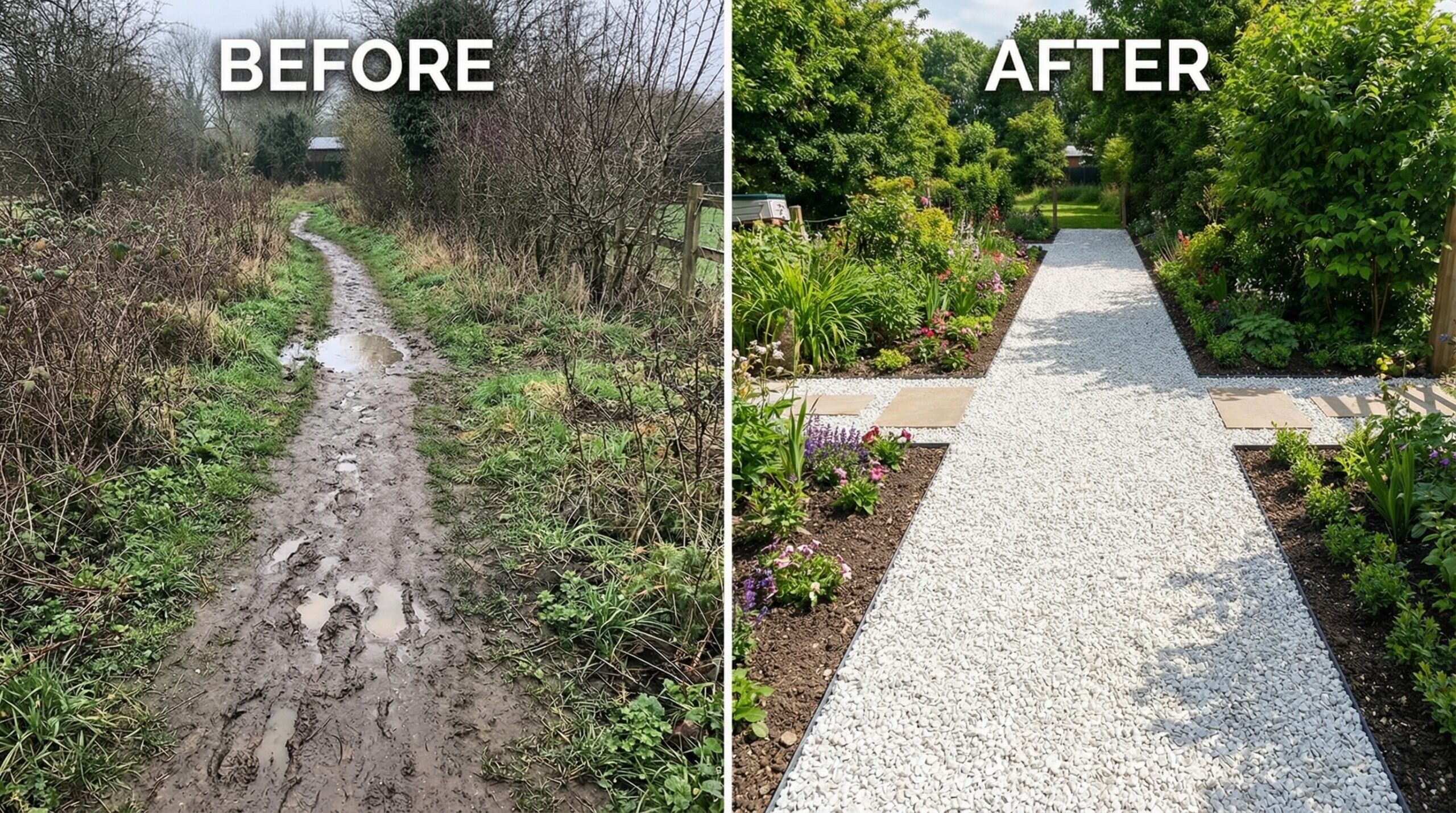 Before and after transformation of garden path with dolomite gravel