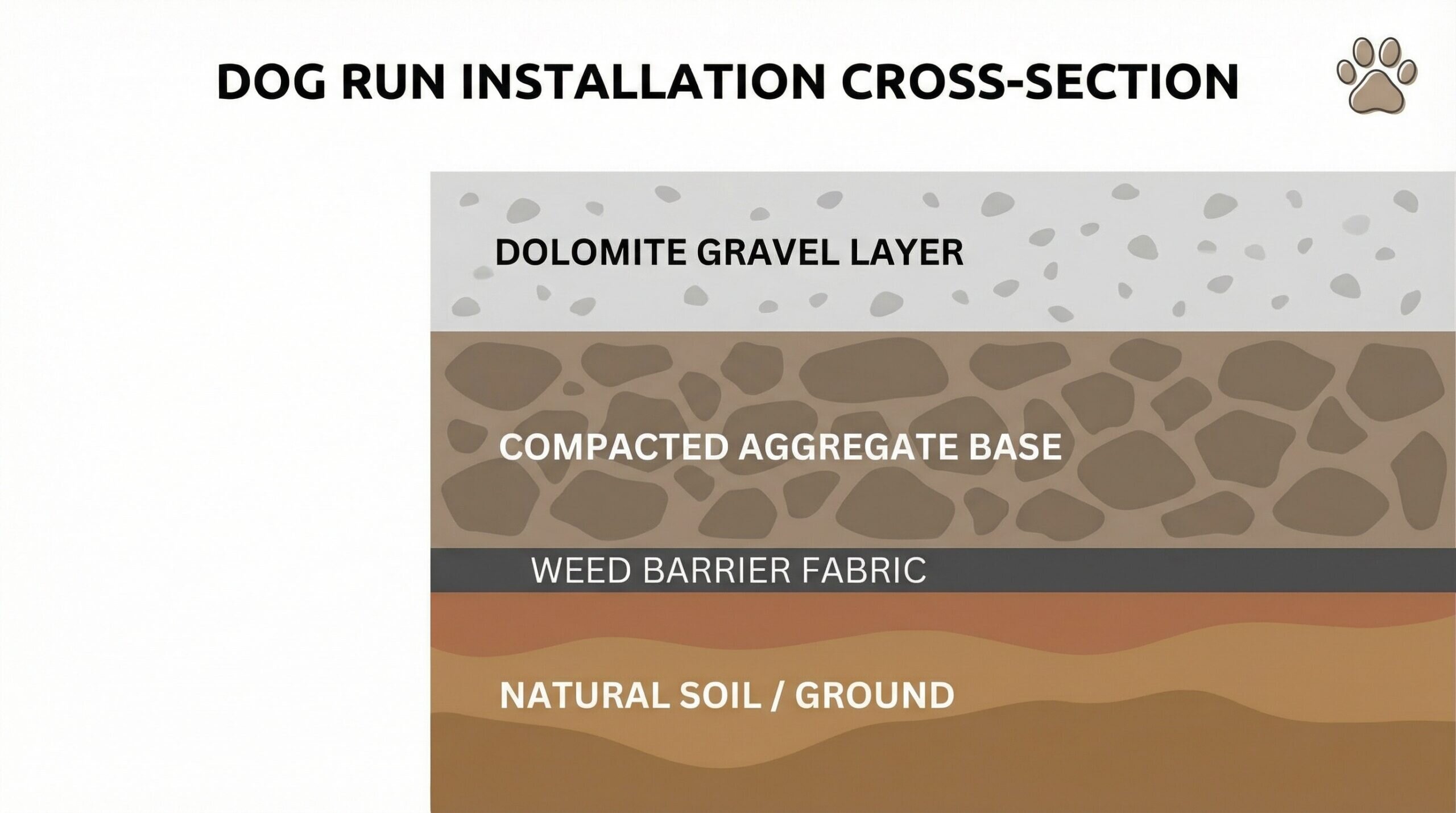 Step-by-step installation diagram showing base preparation and dolomite layer