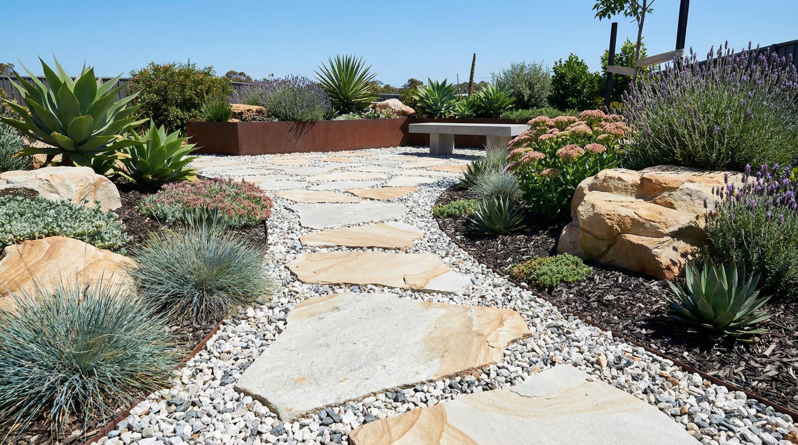 Dolomite pathway in rock garden with xeriscaping