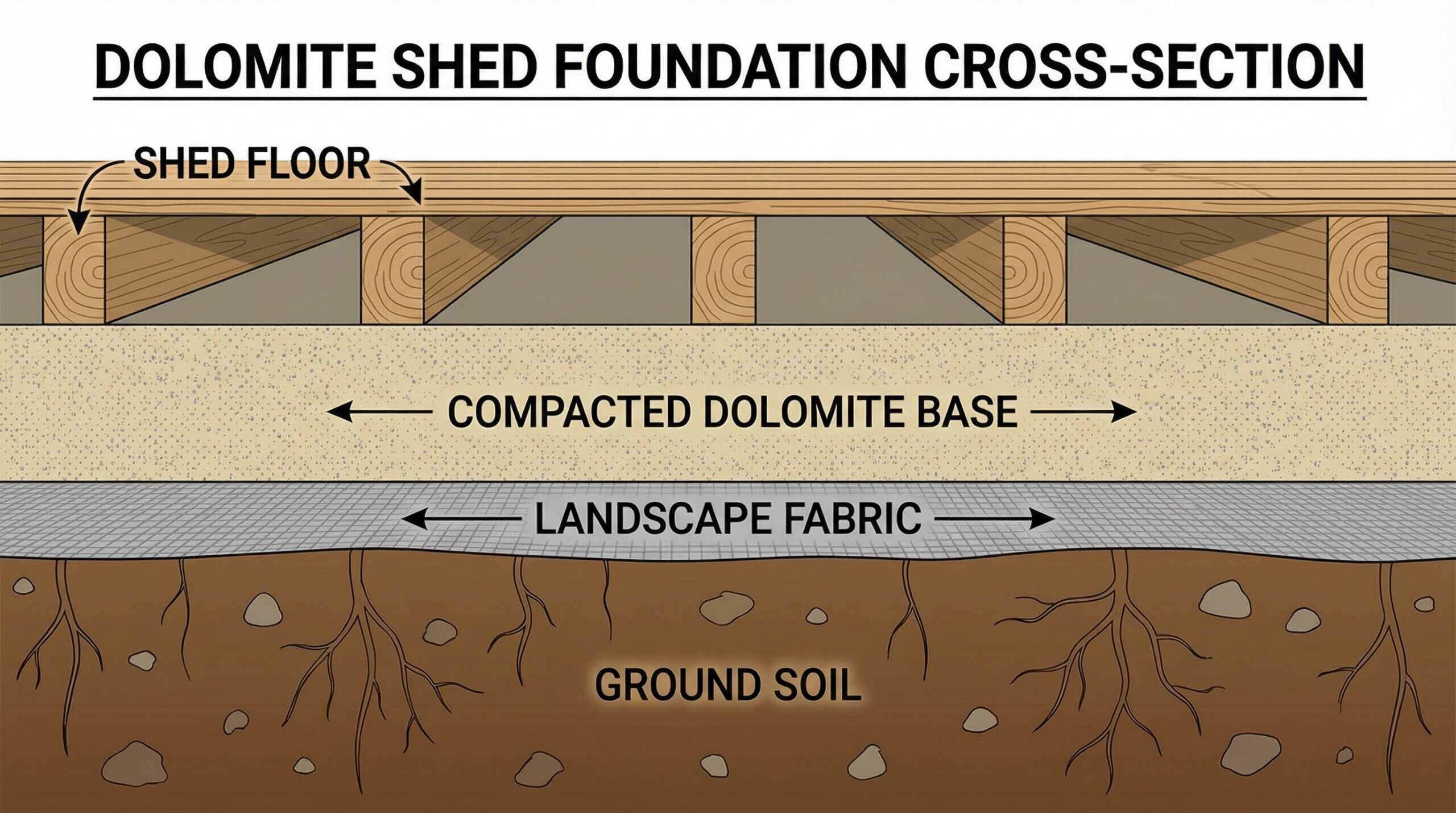 Cross-section diagram of dolomite shed foundation showing layers of ground soil, landscape fabric, compacted dolomite base, and shed floor