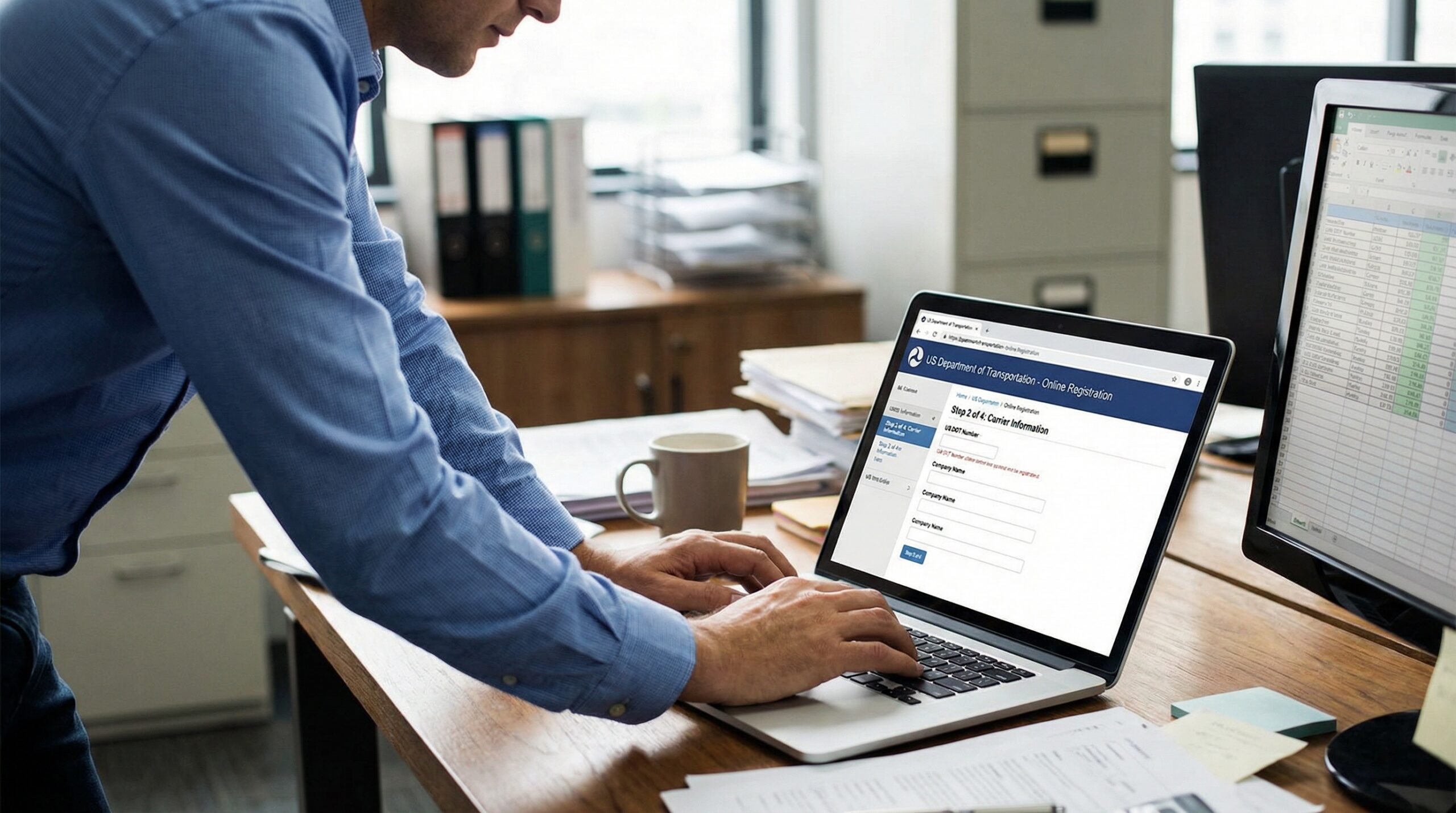Person completing DOT registration on computer