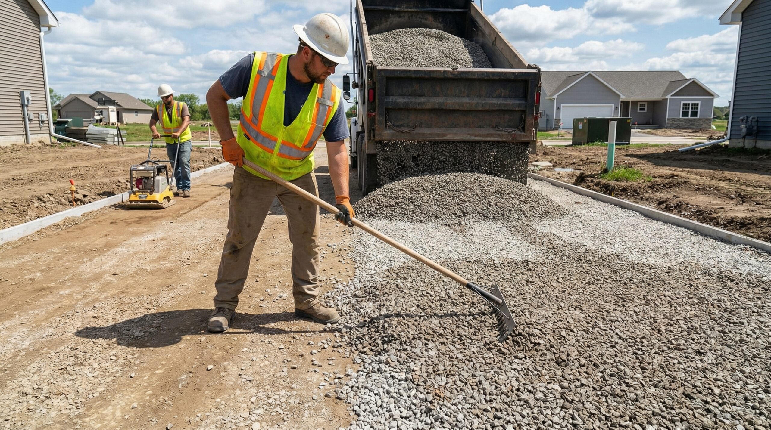 Driveway construction showing aggregate base installation