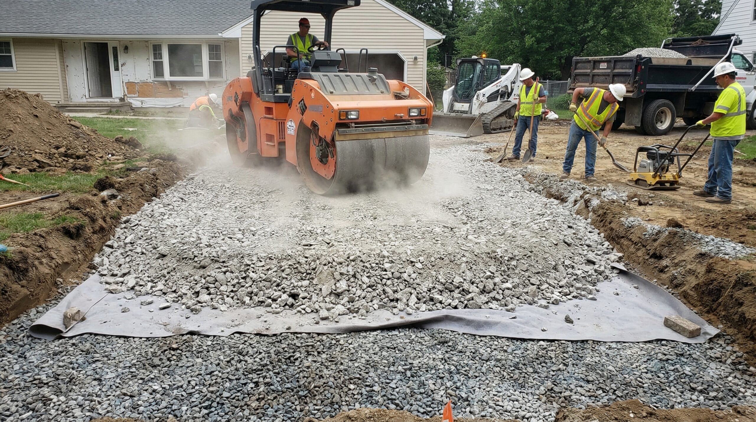 Driveway installation showing proper base layer preparation