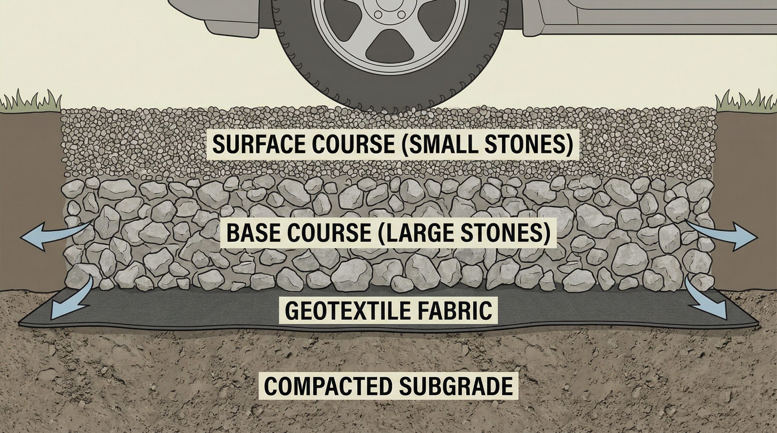 Cross-section diagram showing proper gravel layering for driveway construction