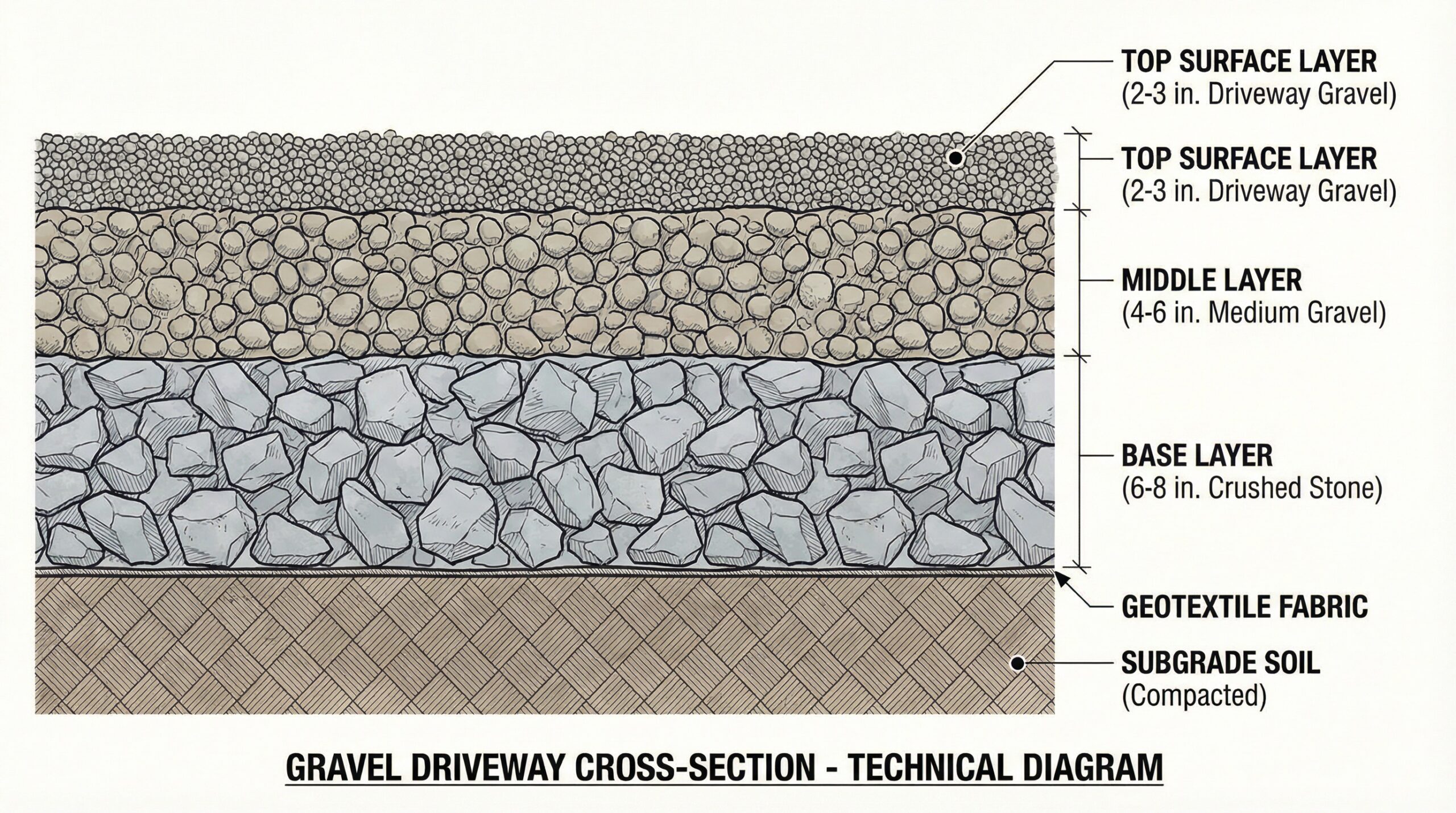 Driveway cross-section showing three-layer gravel system diagram