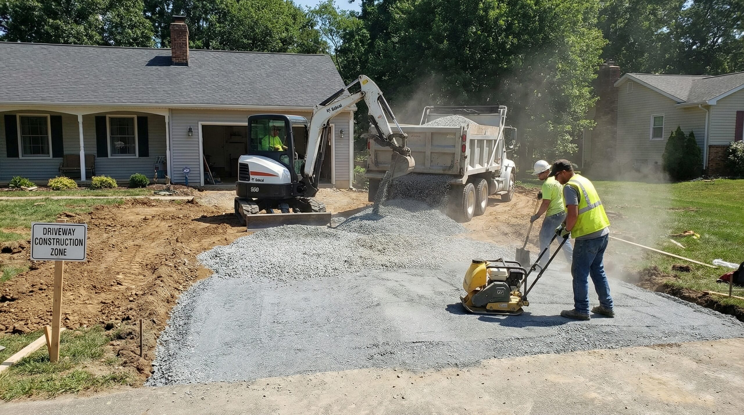 Driveway construction showing sub-base installation