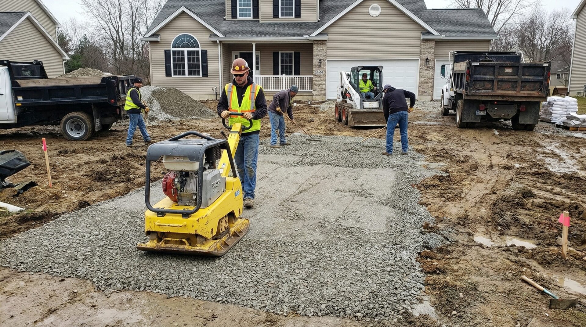 Before and after photos showing proper driveway installation with compaction equipment in use