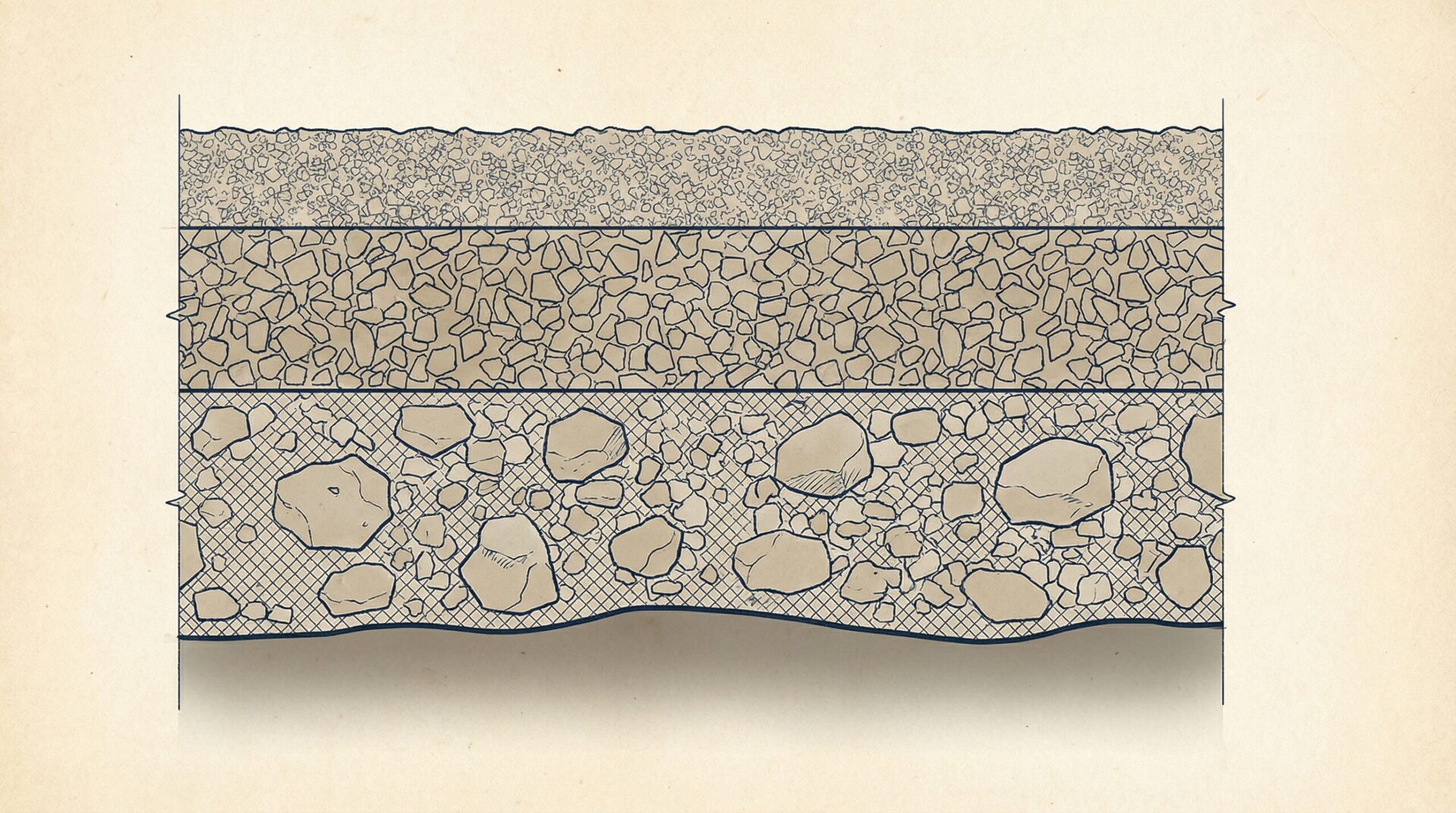 Cross-section diagram showing three-layer driveway system with base, middle, and top layers labeled with different gravel sizes