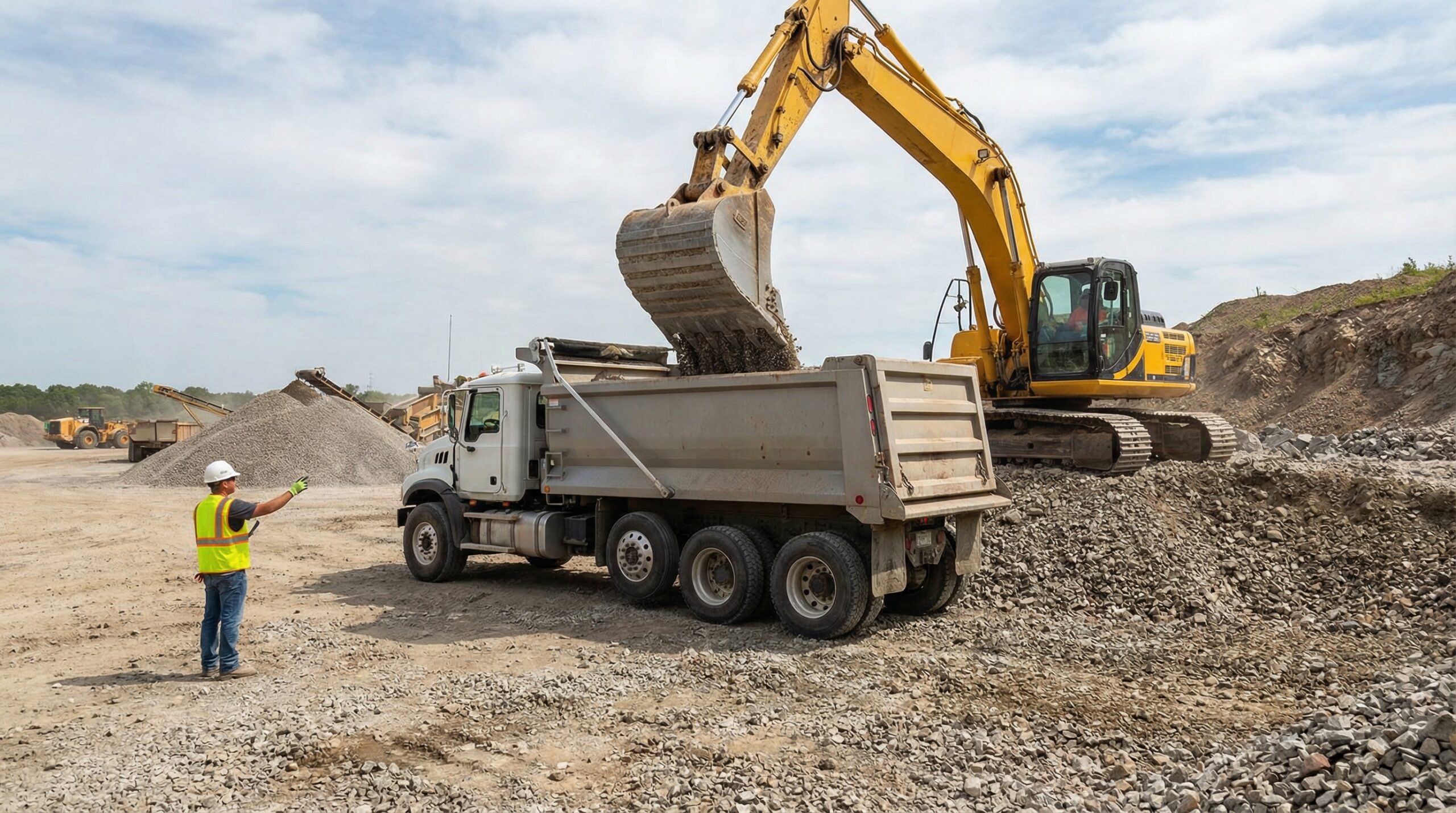 Dump truck being loaded with gravel showing proper technique