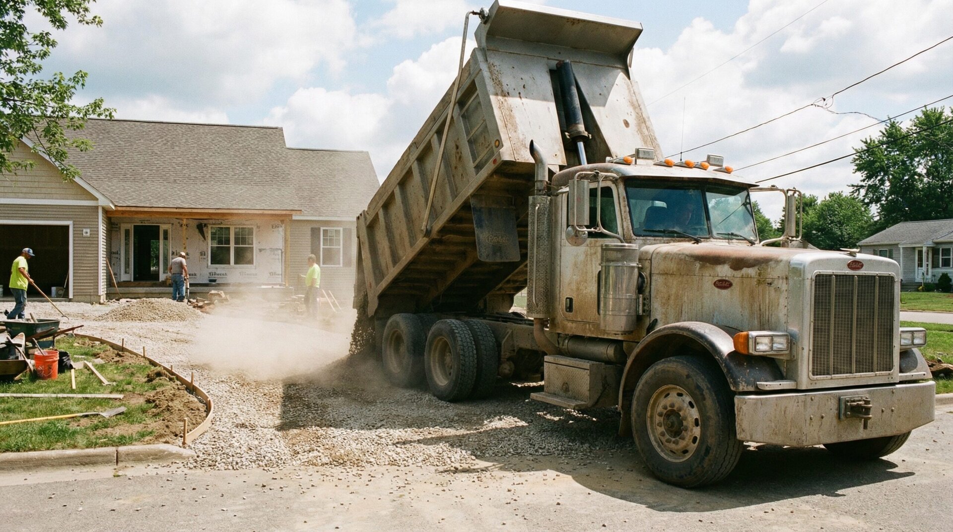 Dump truck delivering gravel to residential driveway