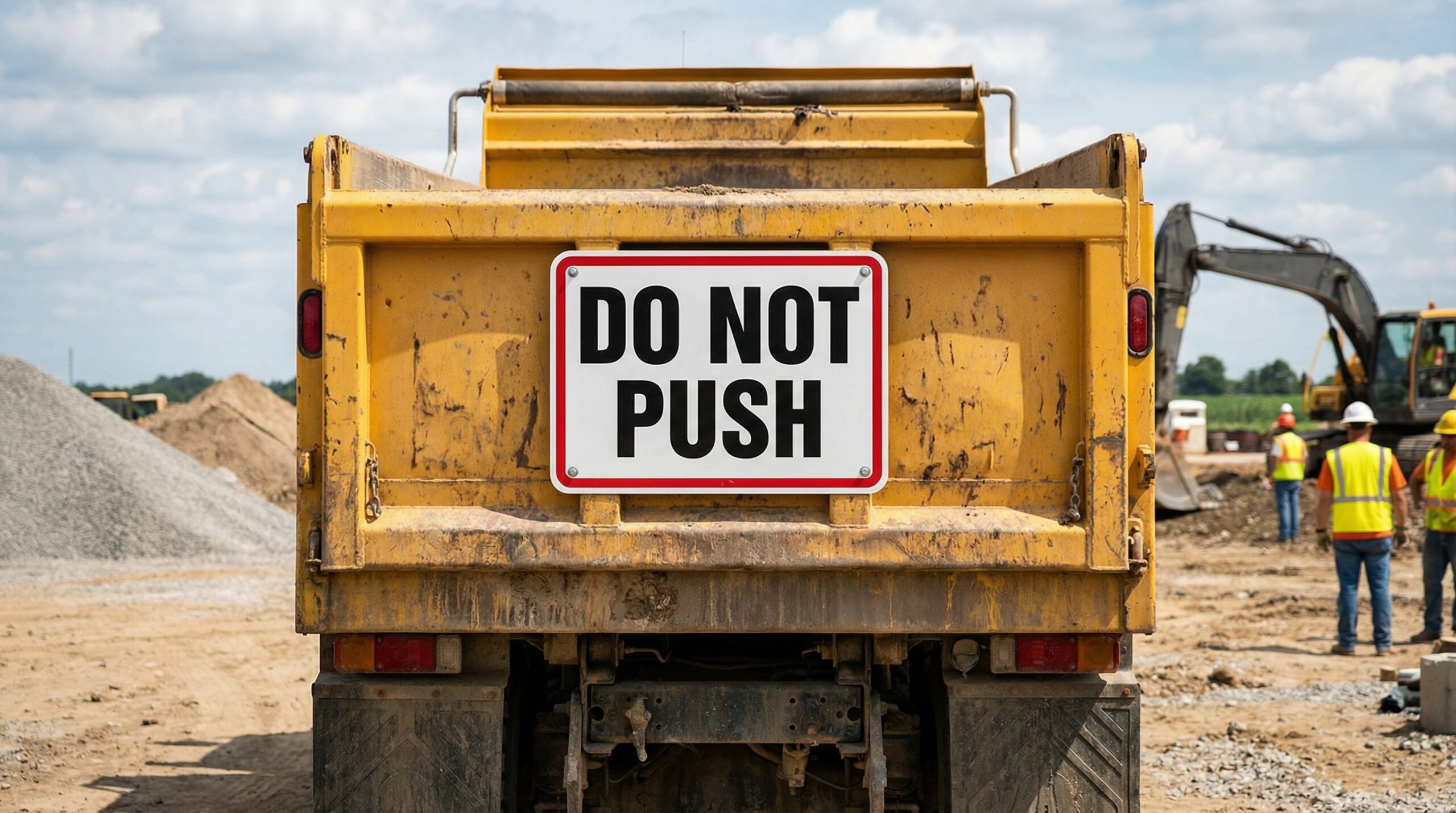 Dump truck with Do Not Push warning sign on tailgate