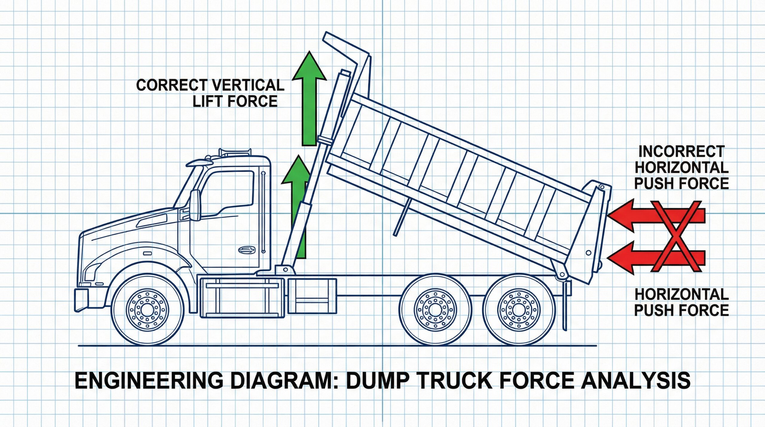 Diagram showing proper dump truck forces versus pushing forces