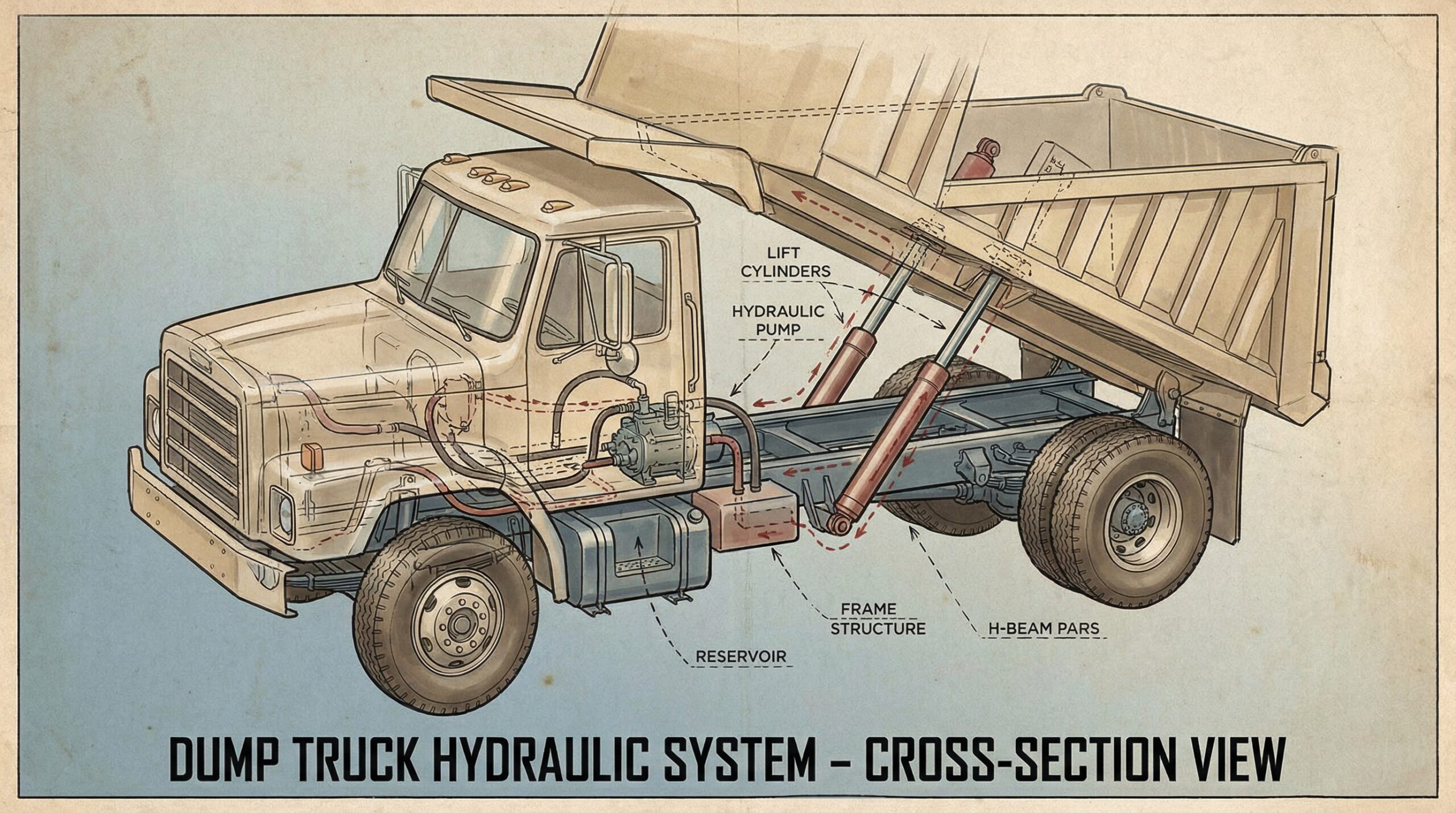 Cutaway view of dump truck hydraulic system and frame