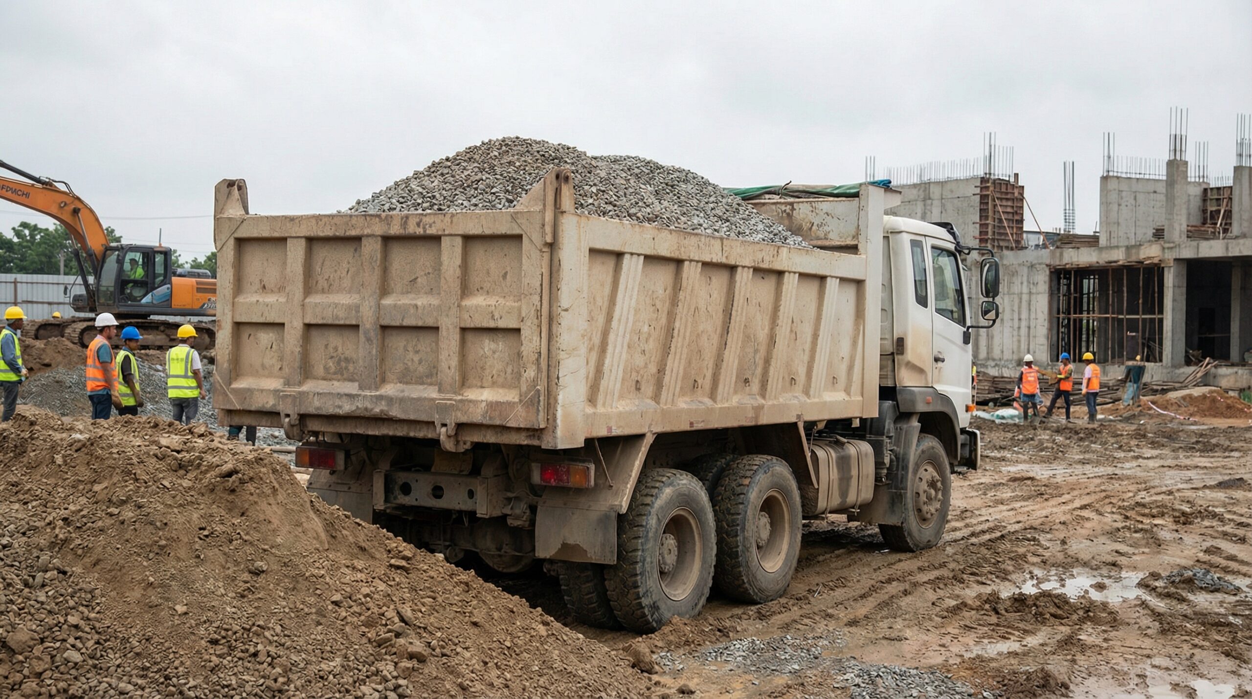 Dump truck loaded with gravel at construction site