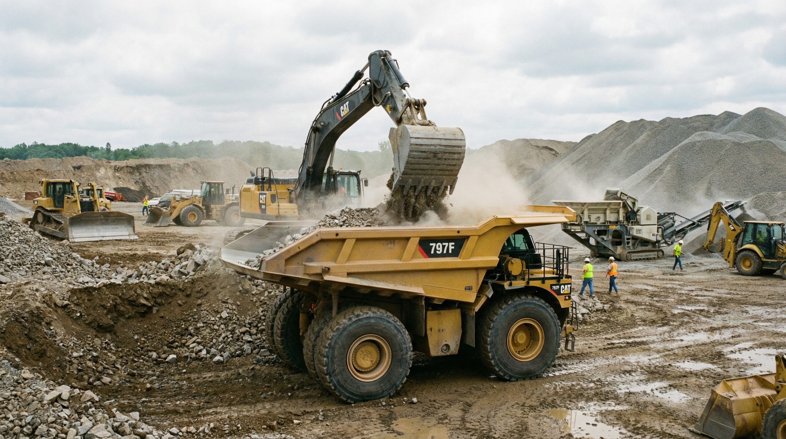 Dump truck loading gravel at construction site