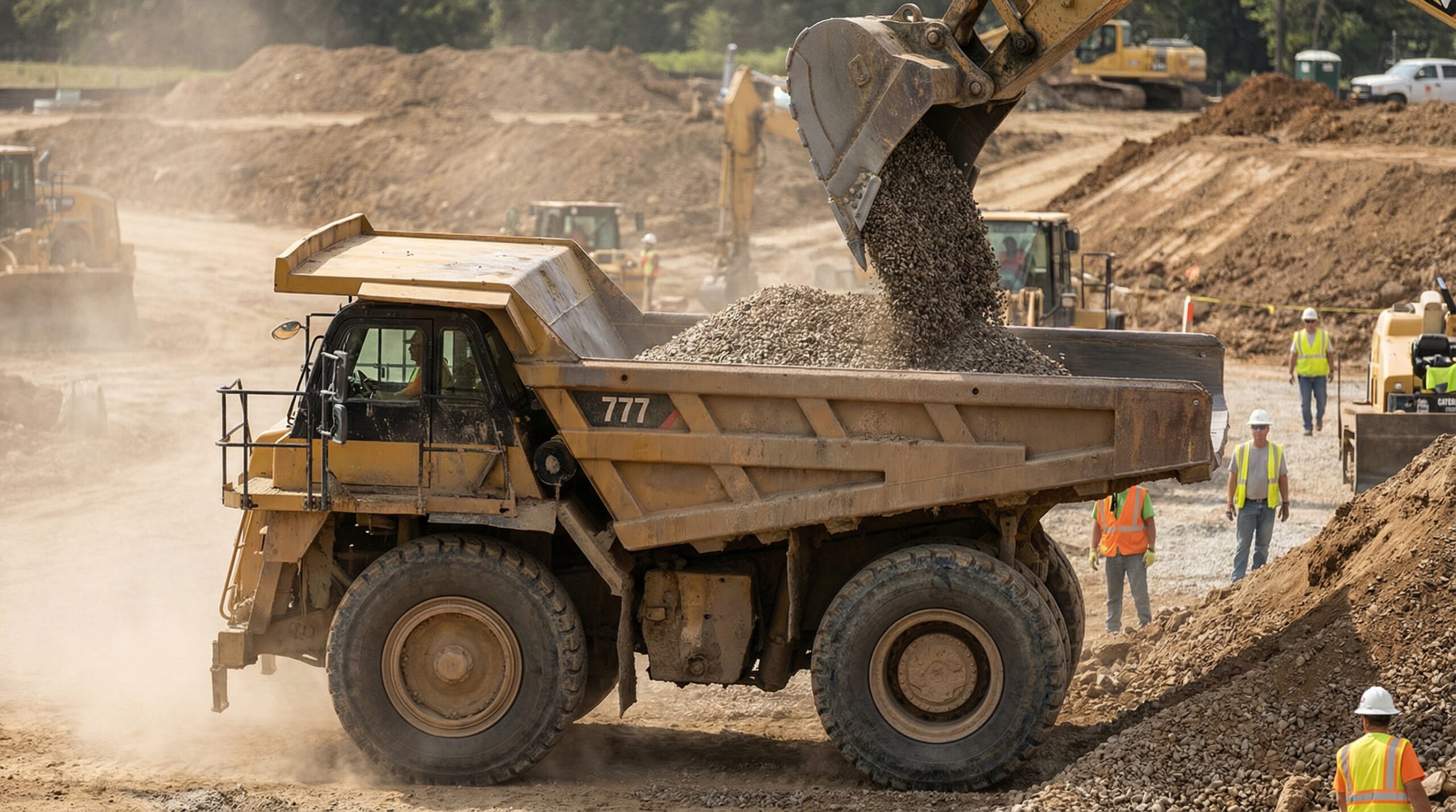 dump truck loading gravel at construction site