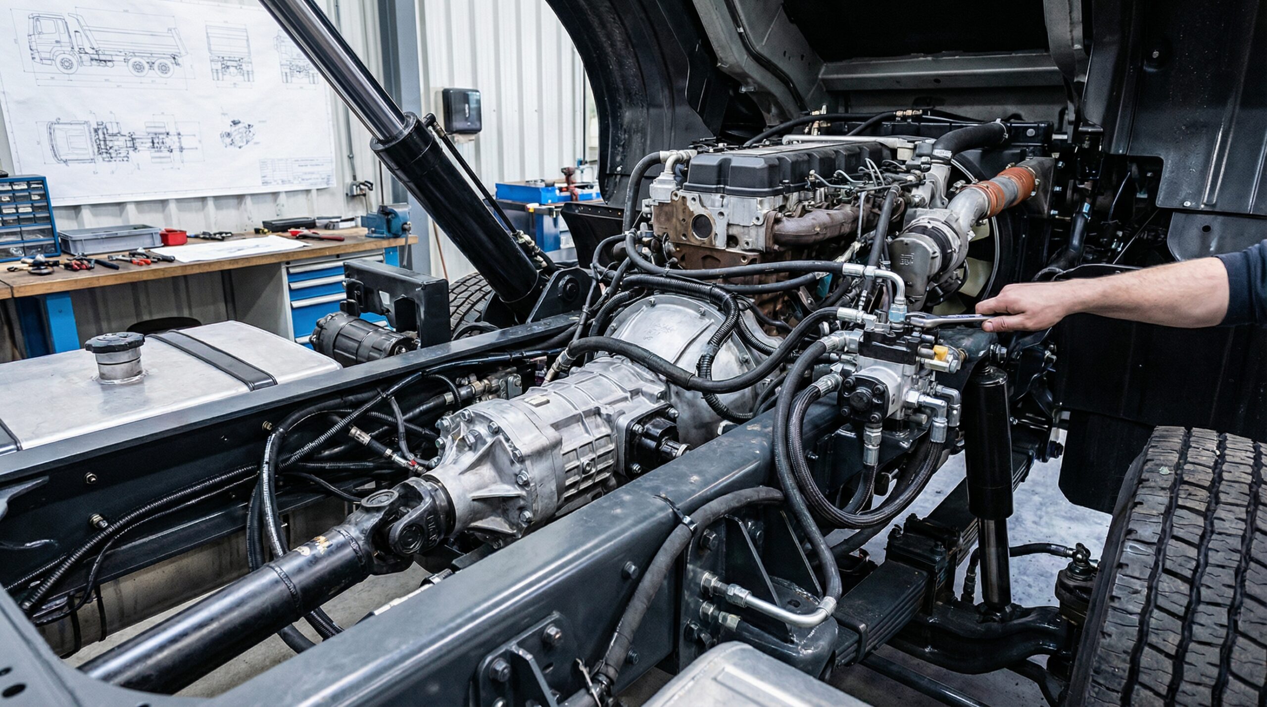 Dump truck chassis engine and hydraulic components detailed view