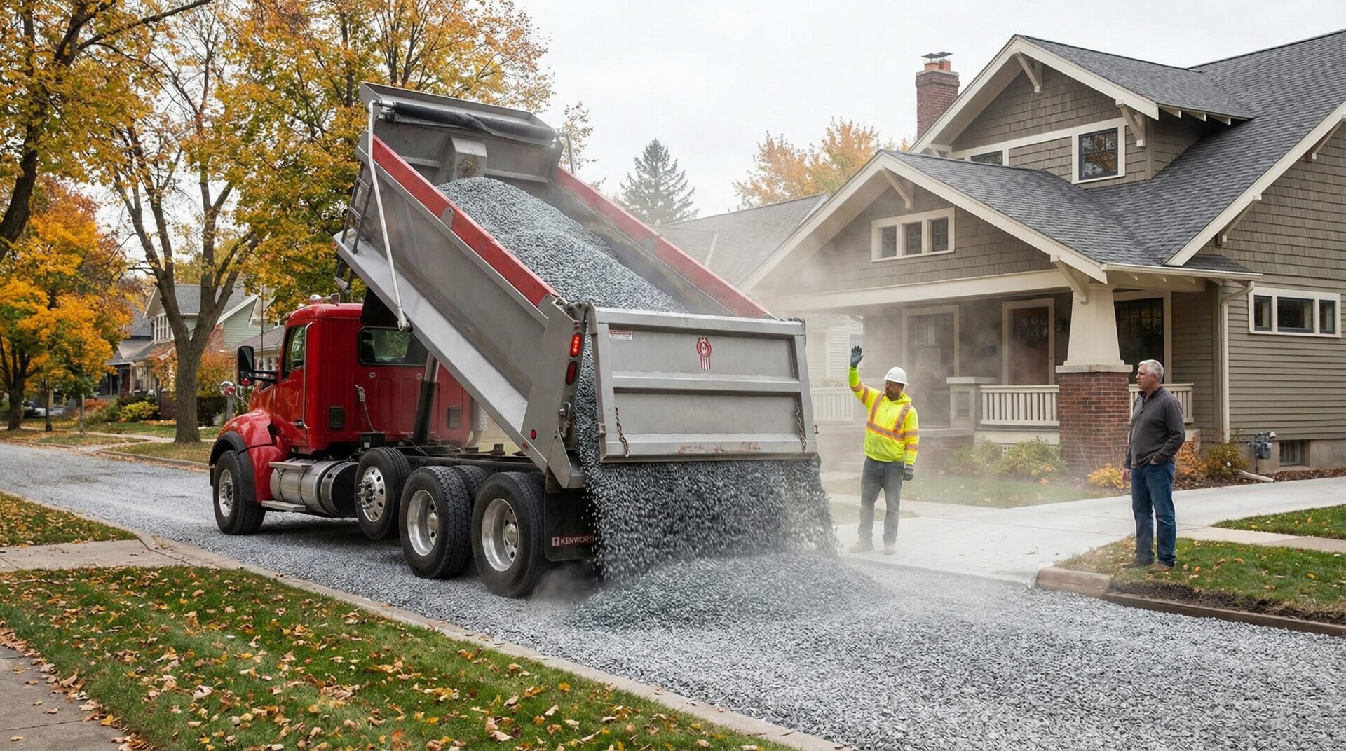Gravel being delivered by large dump truck to residential property
