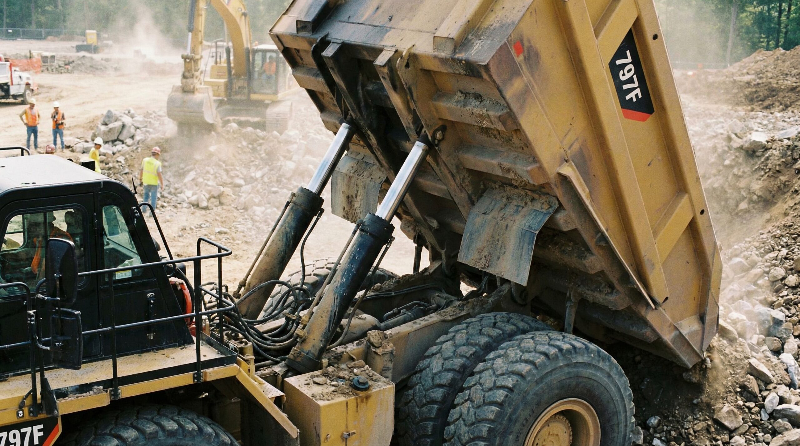 Dump truck hydraulic system lifting materials at construction site