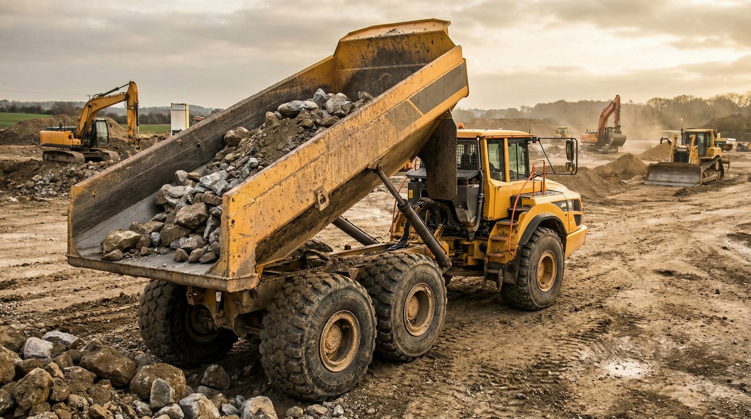Dump Truck With Multiple Axles On Construction Site