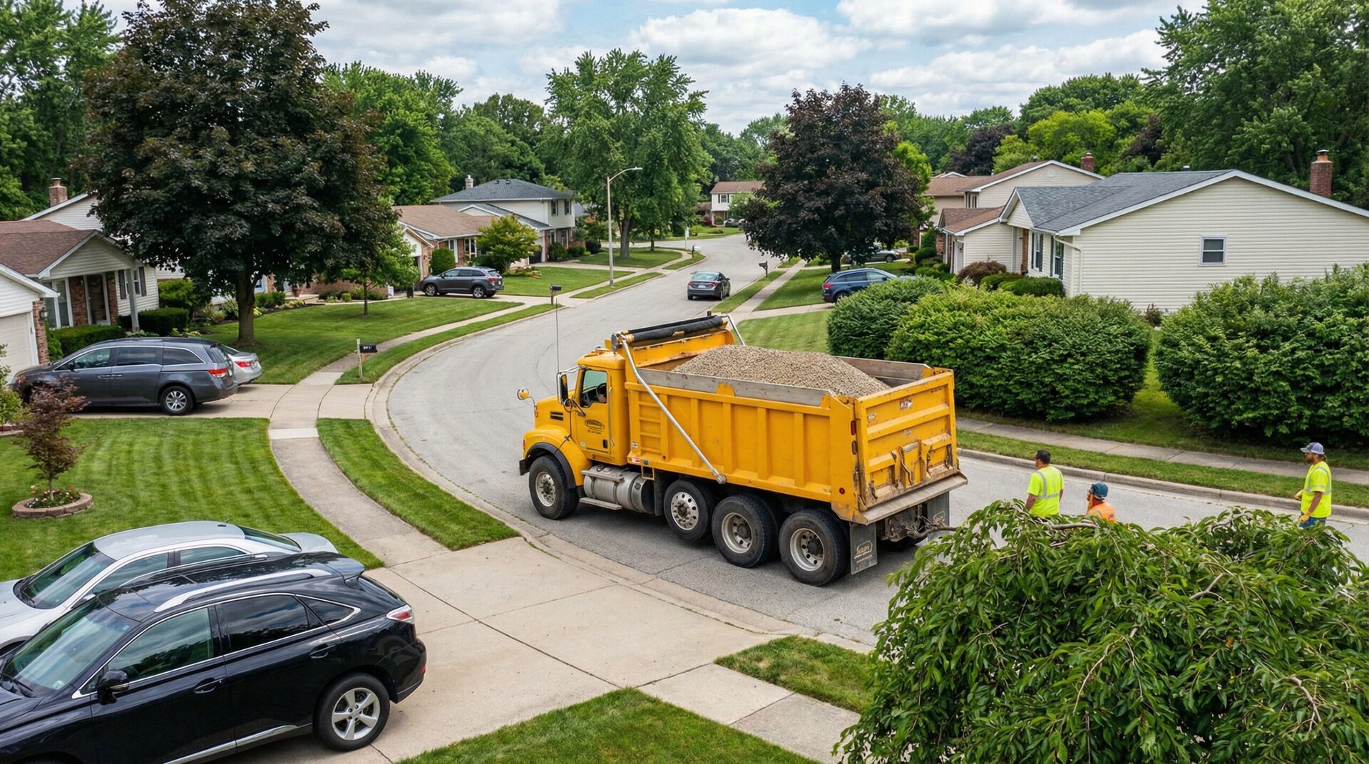 Dump truck navigating residential street delivery