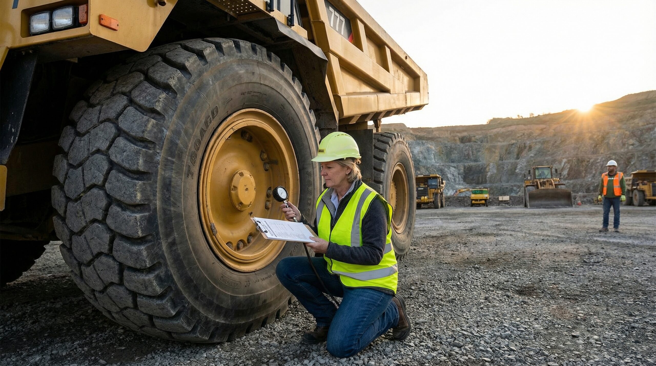 Dump truck operator conducting pre-trip inspection checklist