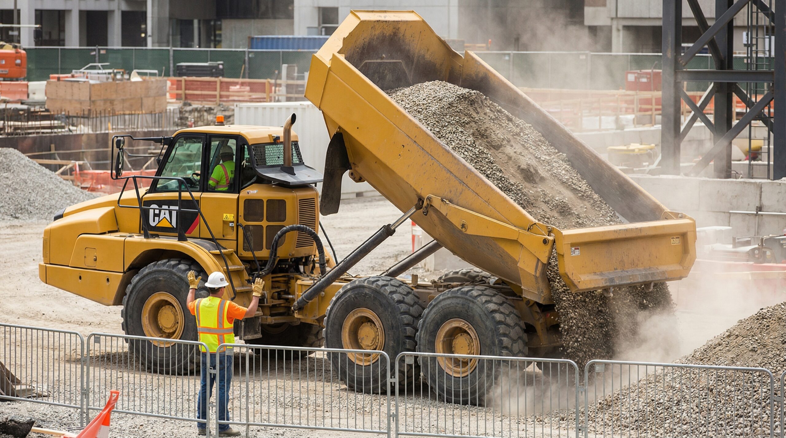 Dump truck operator safely unloading materials at construction site