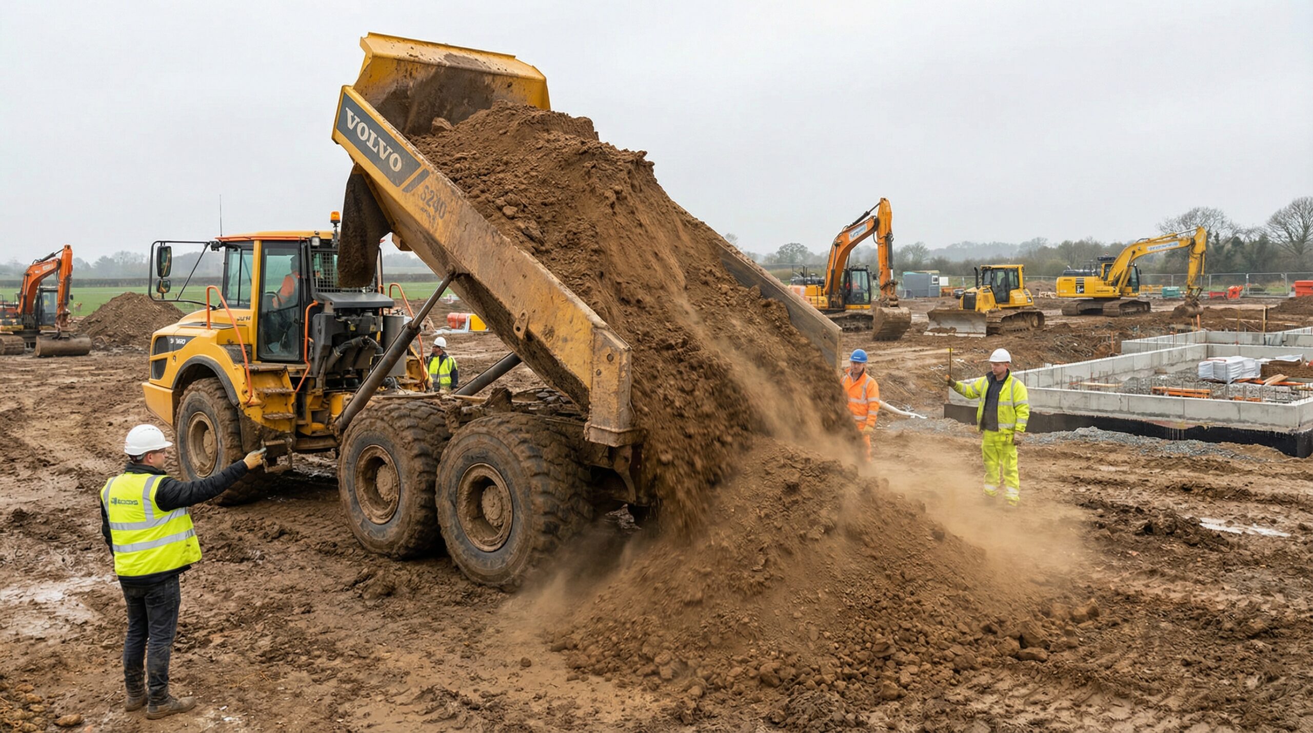 Dump truck delivering silt soil to construction site