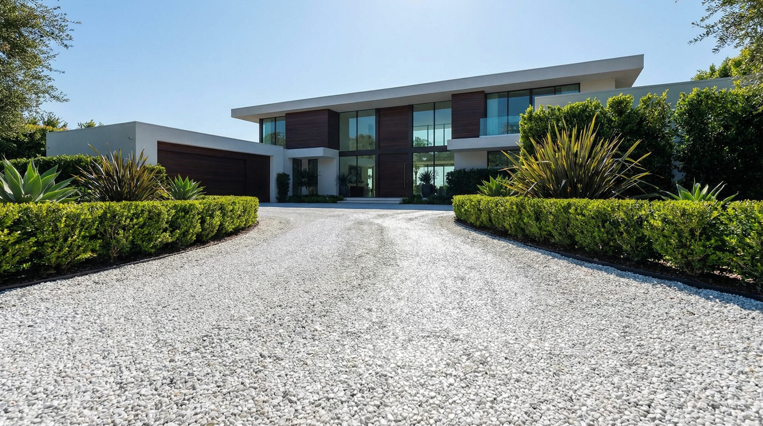 Elegant white marble chip driveway leading to modern home