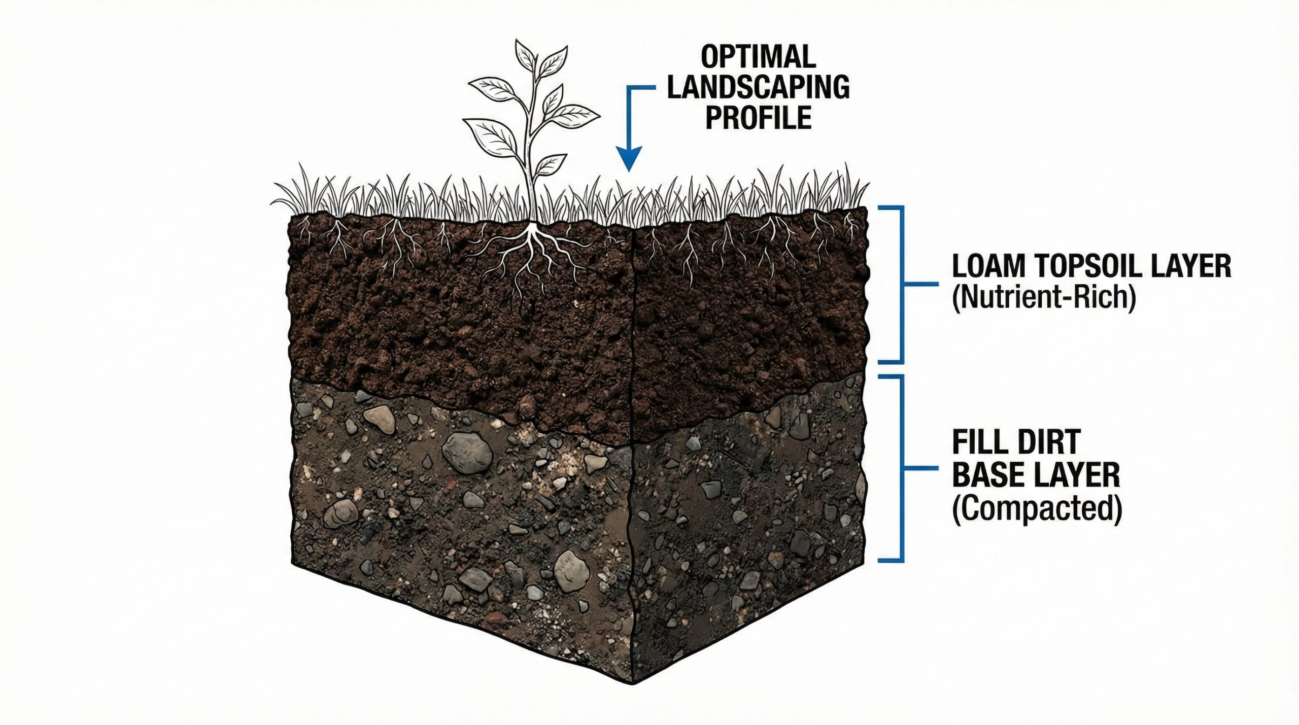 Cross-section diagram showing fill dirt base layer with loam topsoil layer above for optimal landscaping