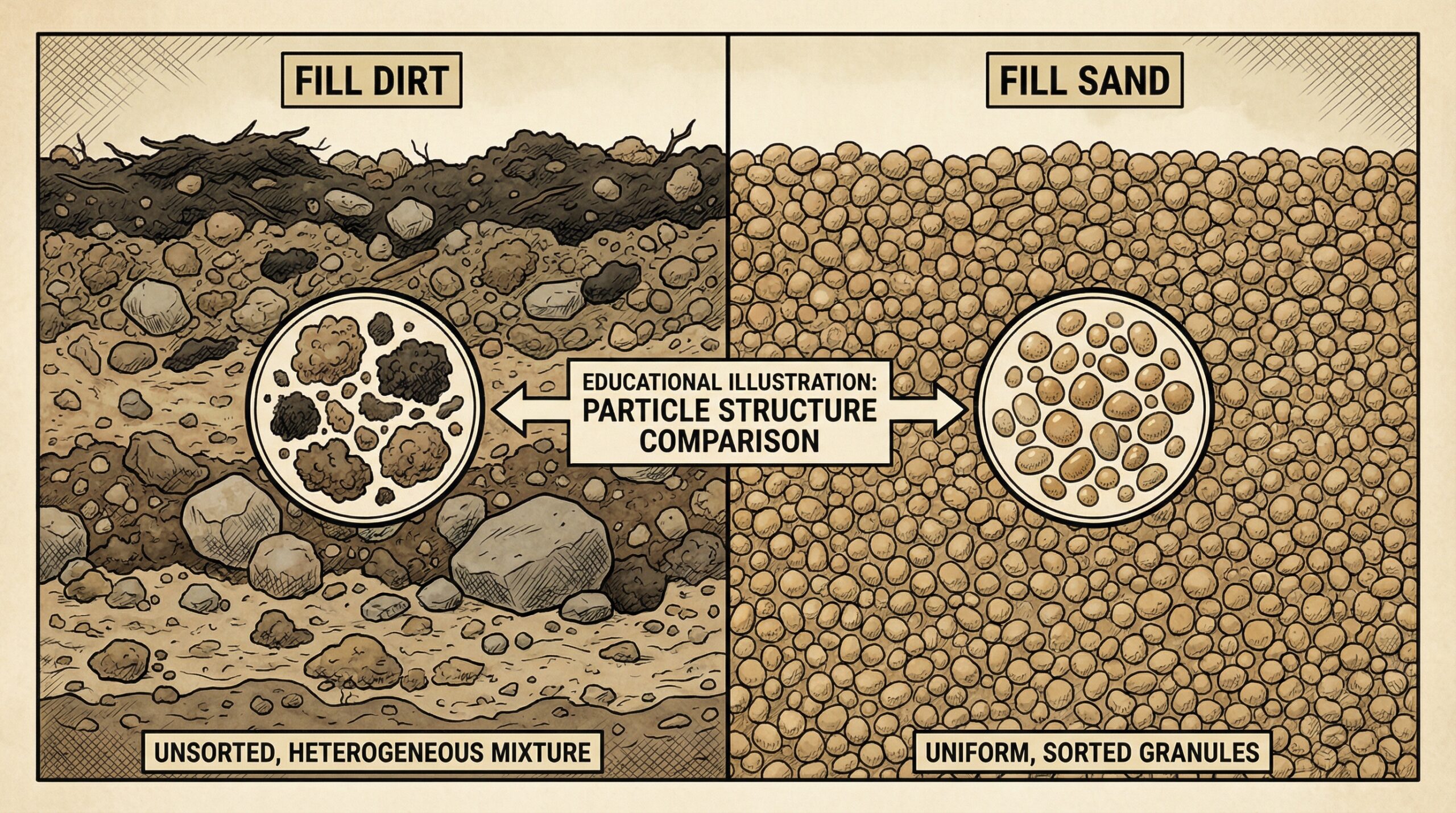 Cross-section diagram showing fill dirt vs fill sand particle structure