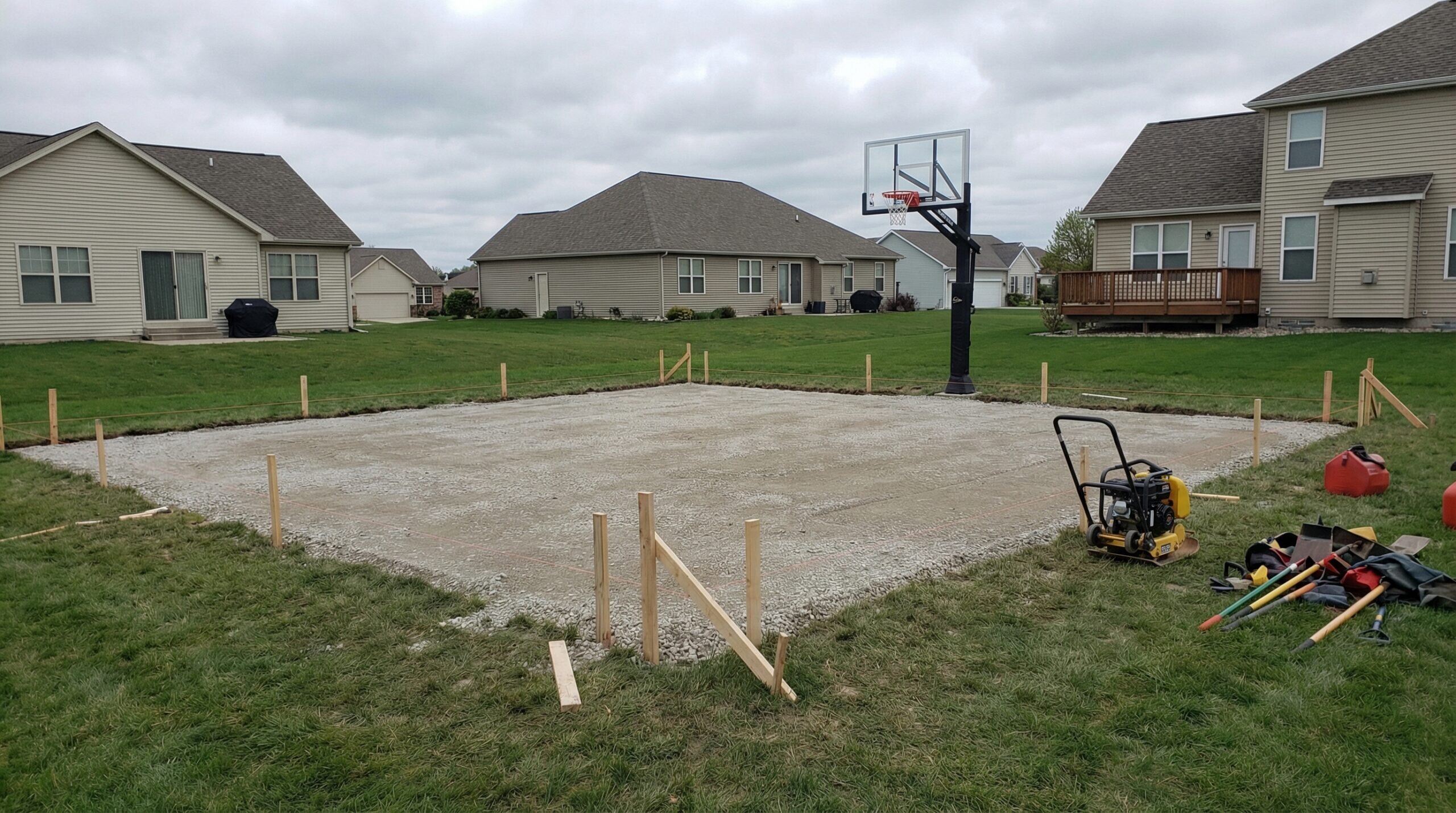 Finished gravel base basketball court with surface installation