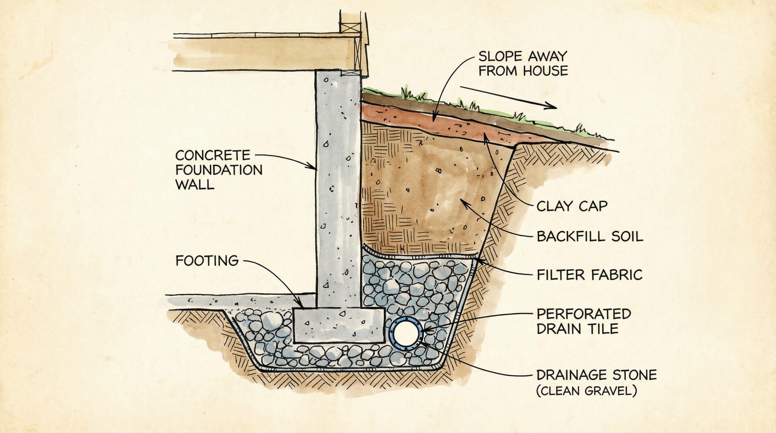 cross-section diagram showing proper placement of drainage stone around a foundation wall