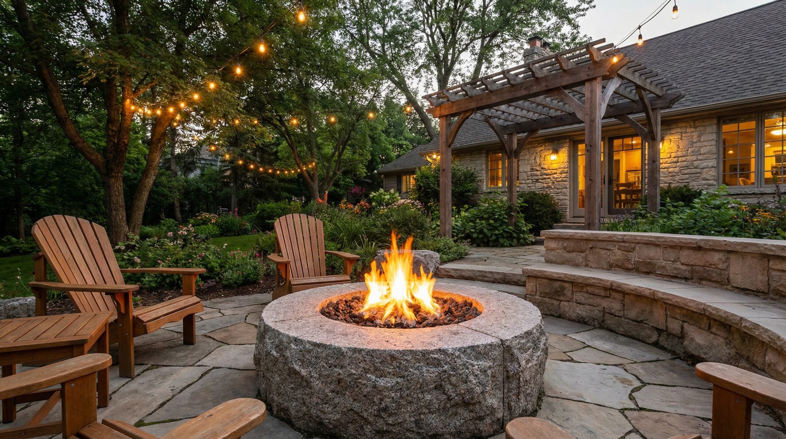 Beautiful granite fire pit in backyard during evening with warm flames burning