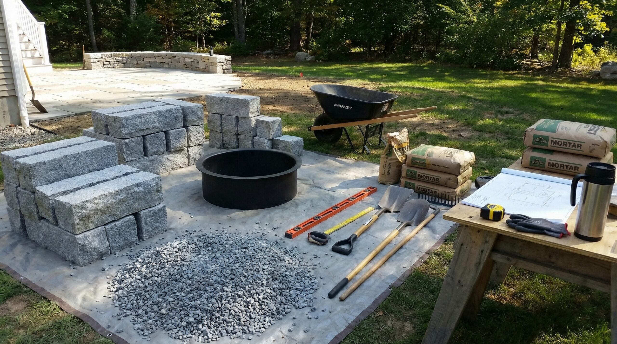 Granite fire pit construction materials and tools laid out for building project