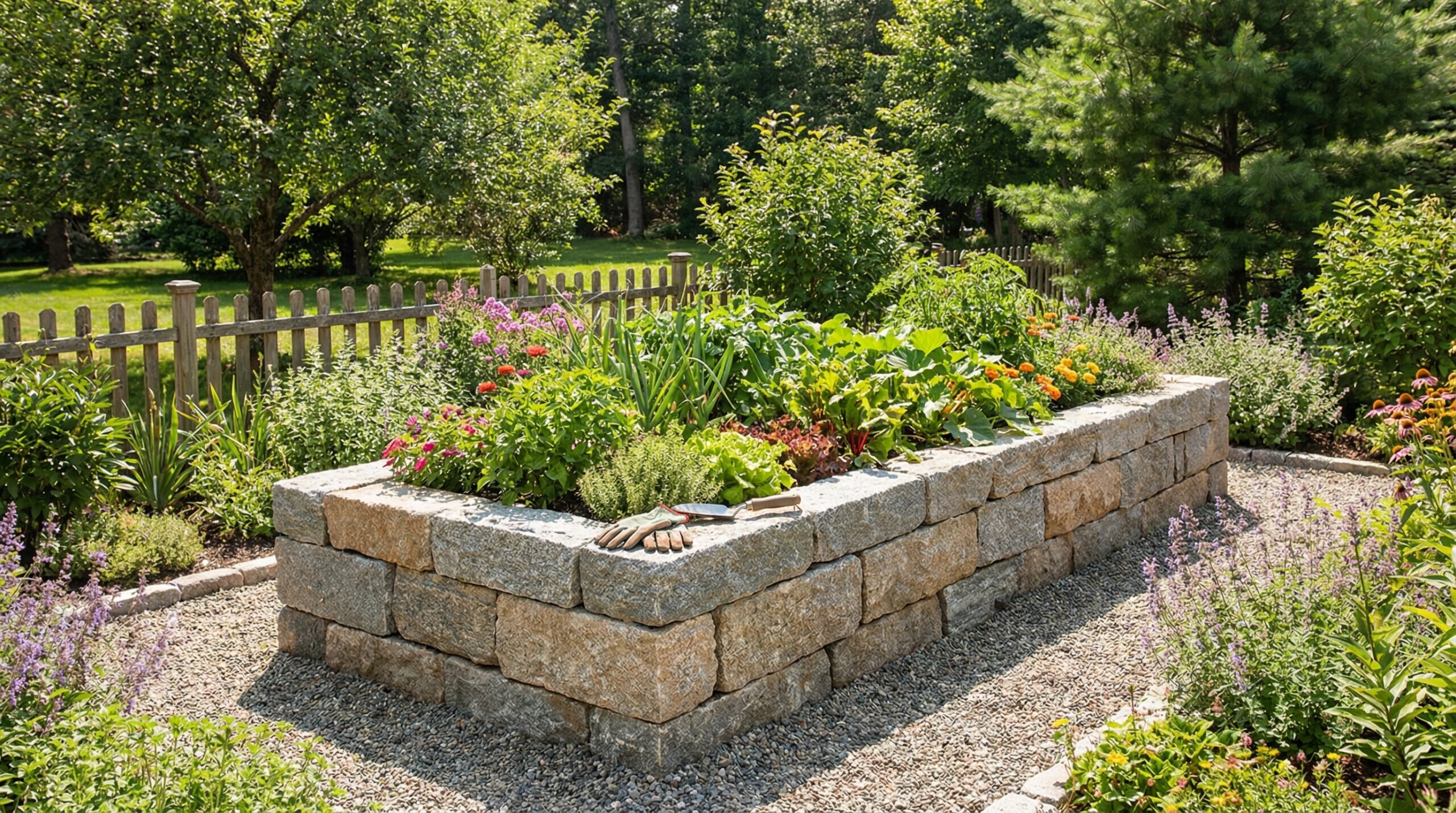 Granite raised garden bed in backyard setting